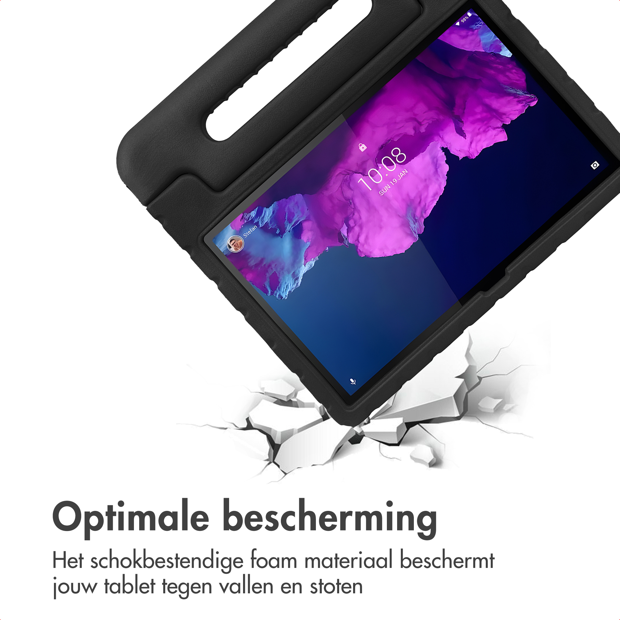 Black tablet case with handle falling onto cracked ground.