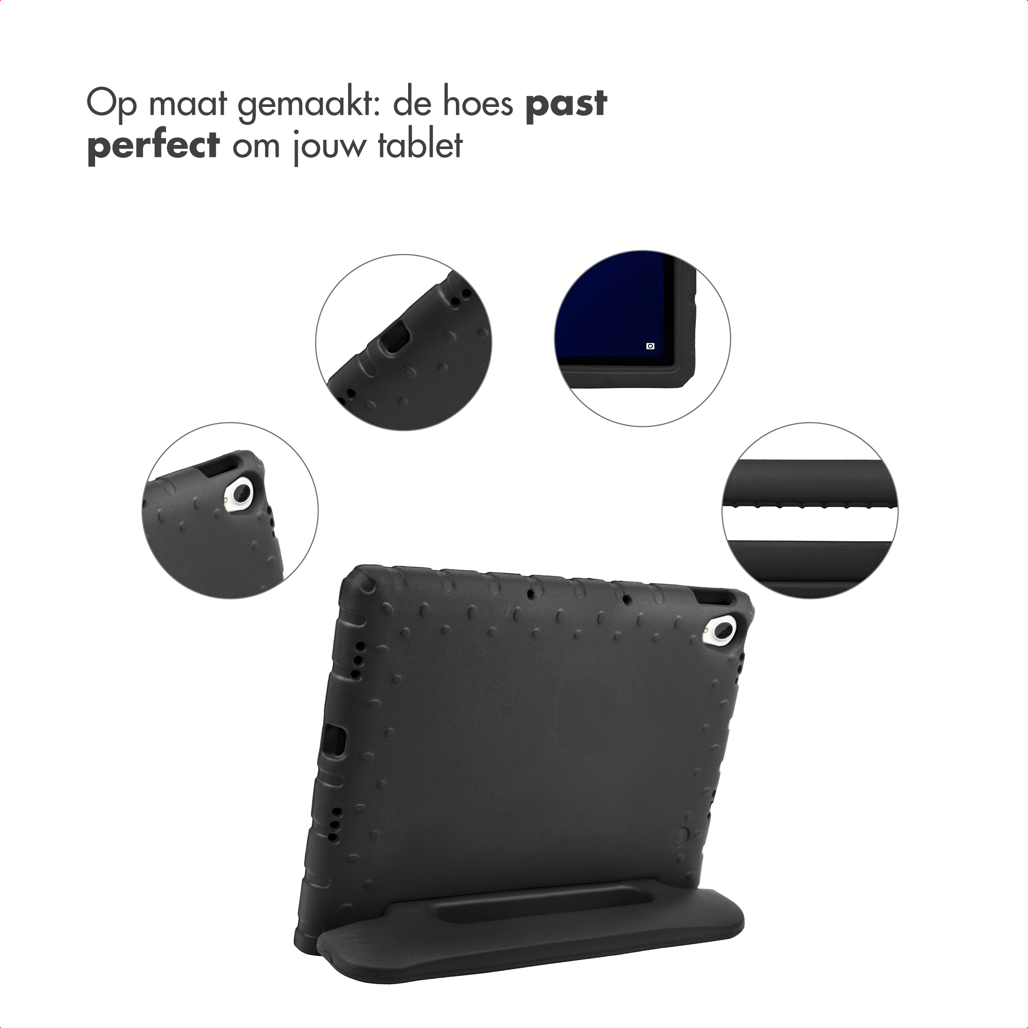 Black tablet case with integrated stand and cutouts.