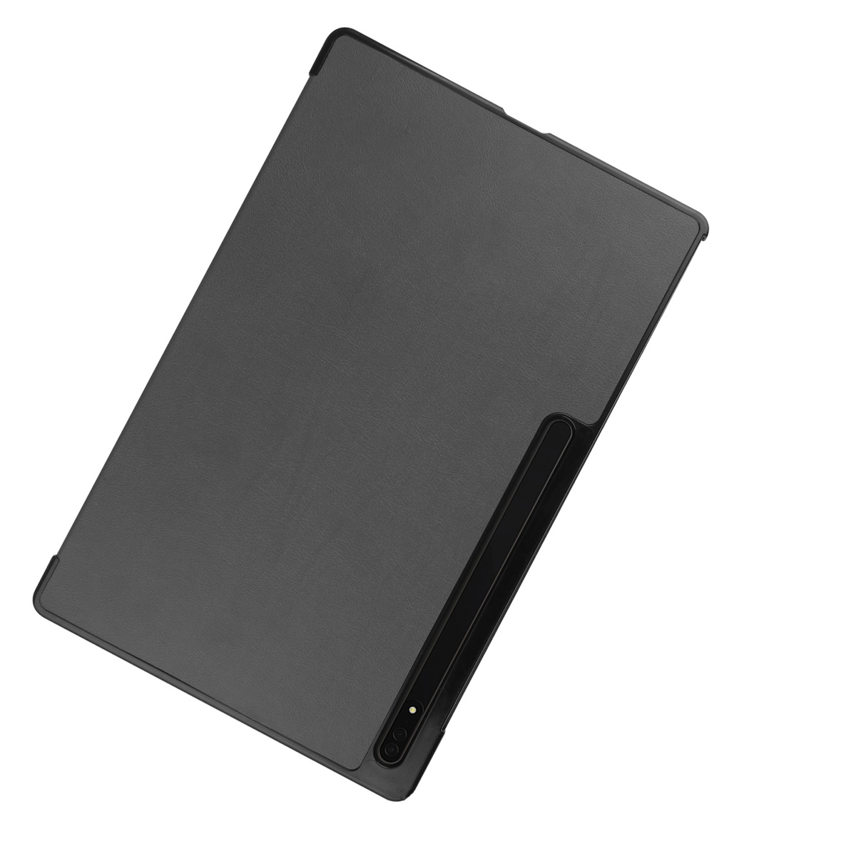 Une tablette gris foncé avec un porte-stylo noir sur le côté, sur fond blanc.