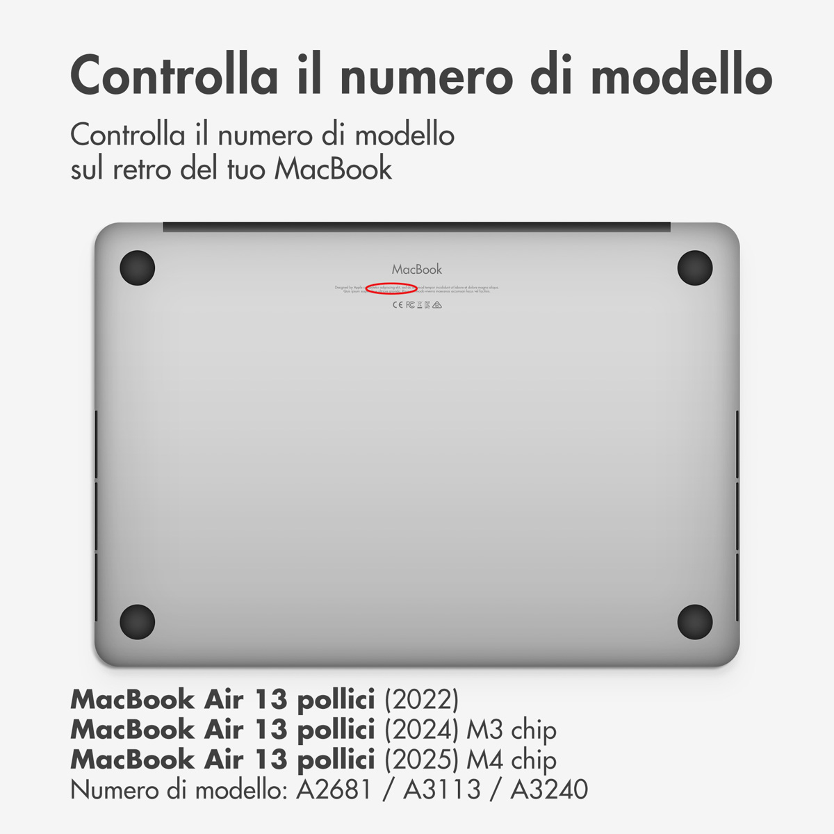 Achterkant van een zilveren MacBook met modelnummerinformatie.