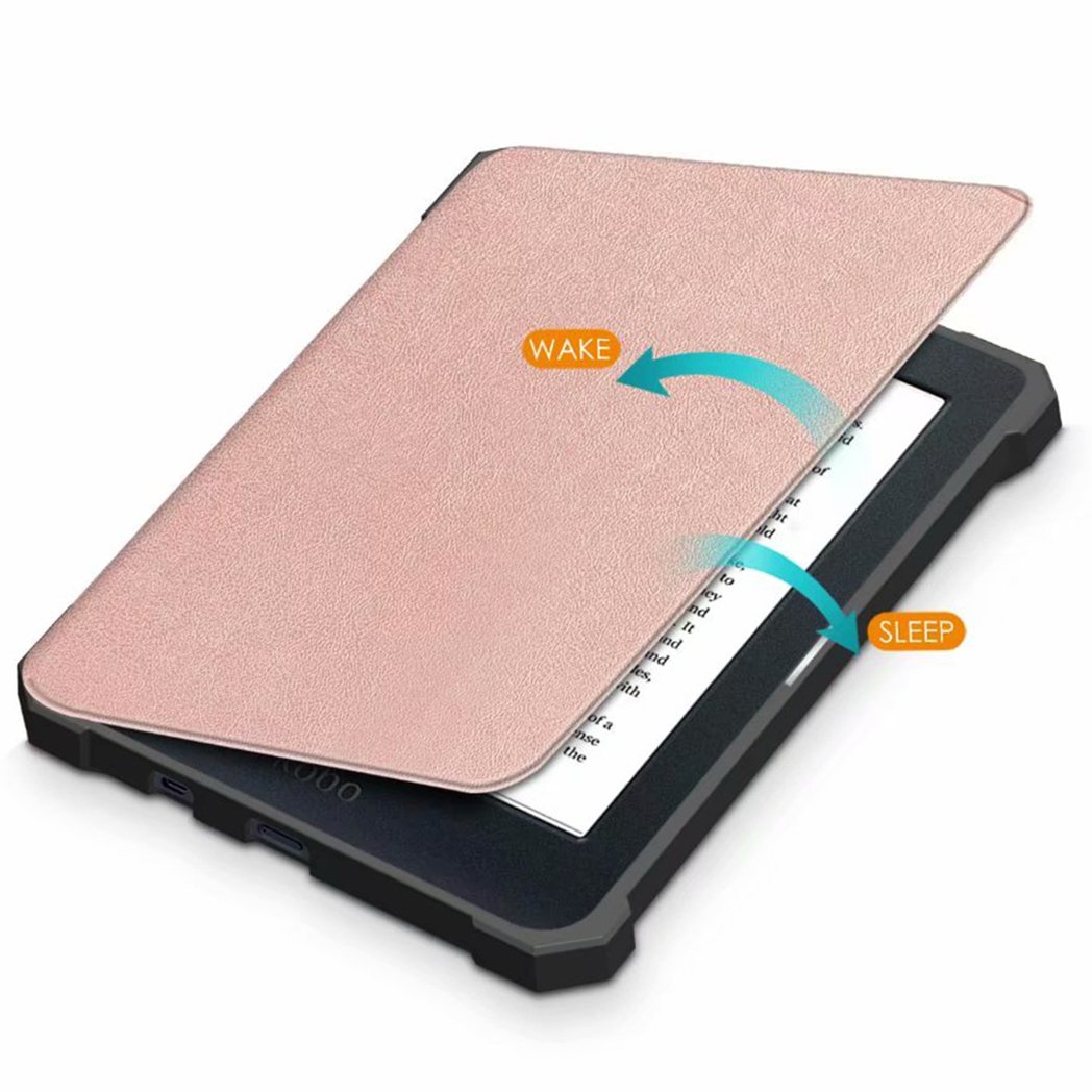 Een roségouden e-reader hoes geopend, met aan- en slaapindicatoren.