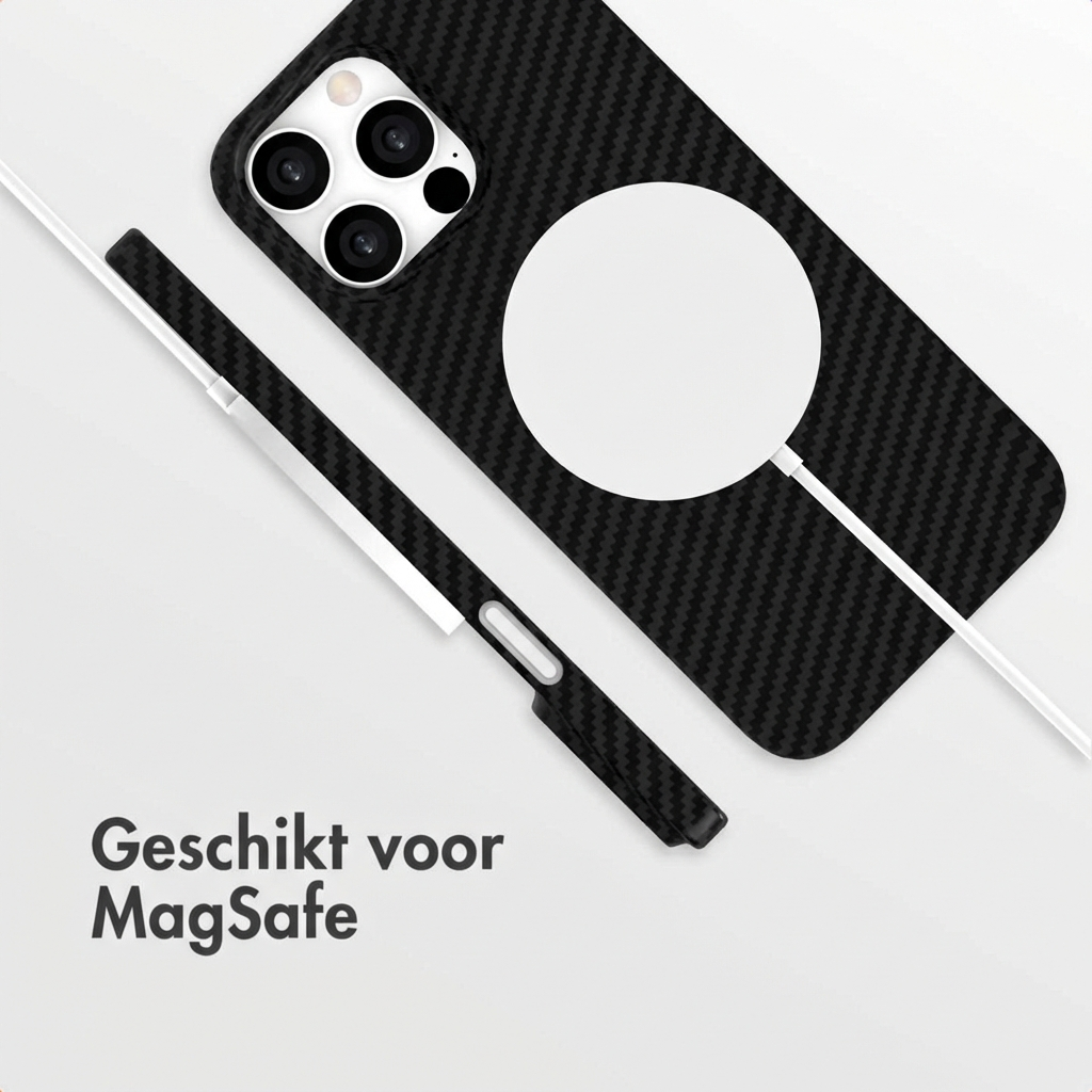 Zwarte telefoonhoes met koolstofpatroon en MagSafe lader.