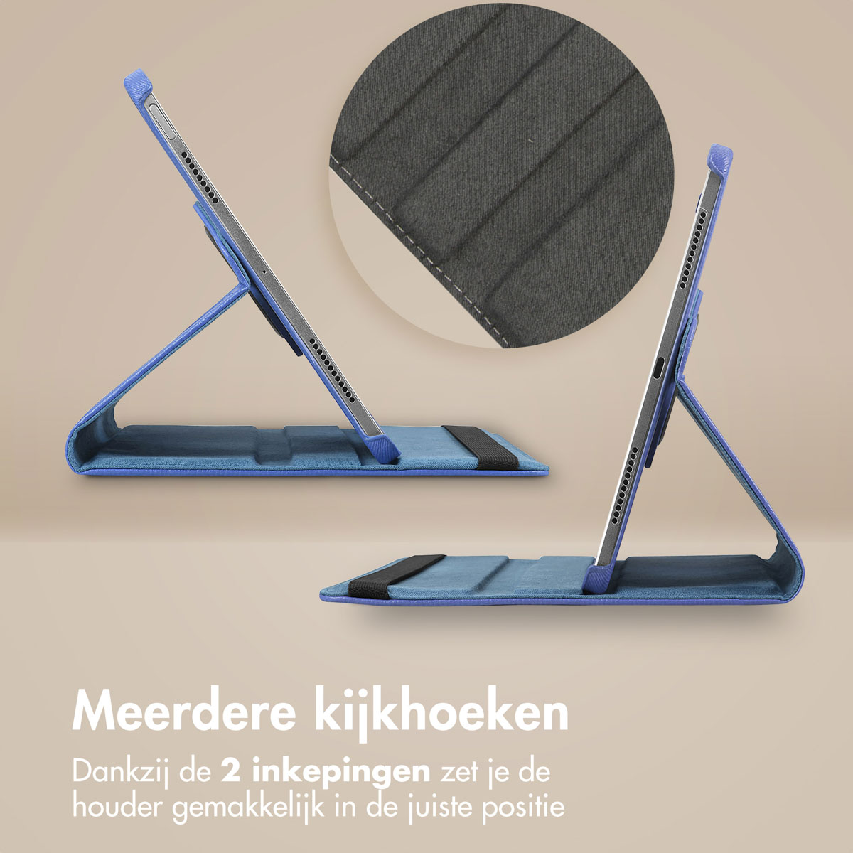Blauwe tablethoes met standaard in twee aanzichten. Close-up van materiaal.