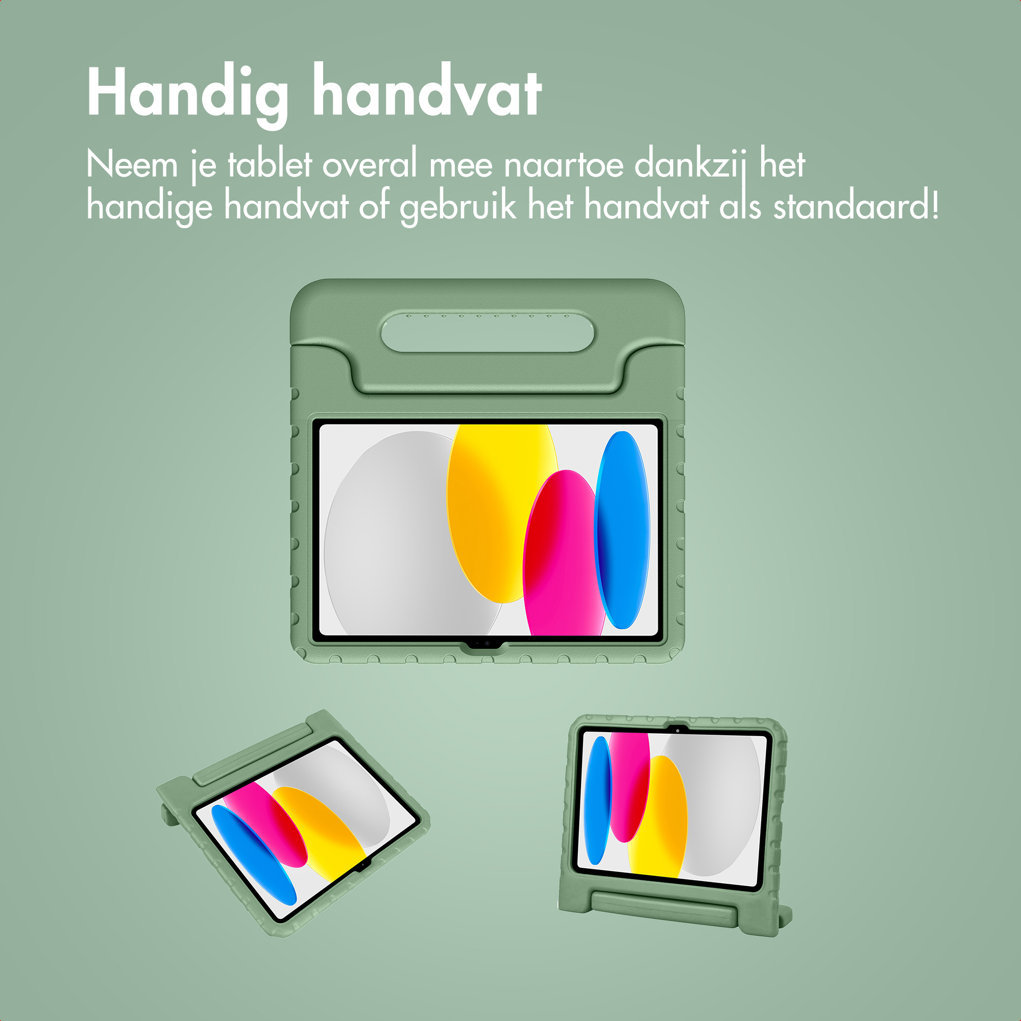 Groene tablethoes met handvat dat ook als standaard dient.