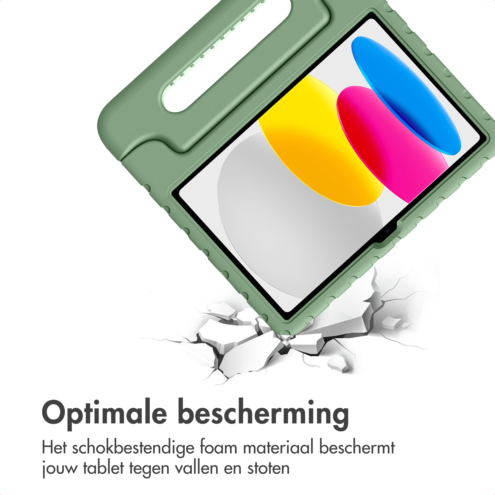 Groene tablethoes met handvat valt op gebarsten oppervlak.