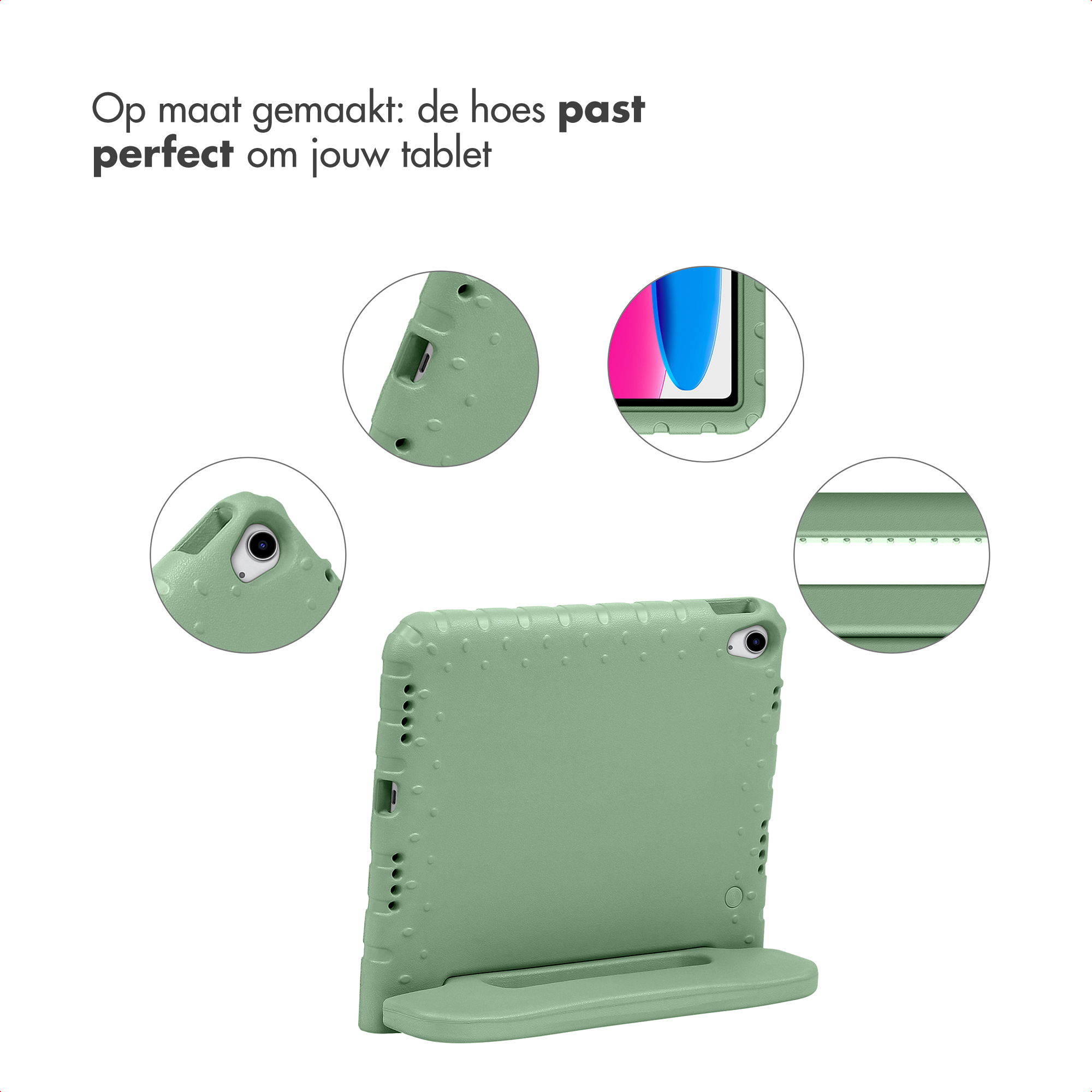 Groene tablethoes met uitsparingen, standaard en close-ups van details.