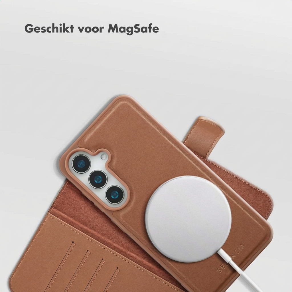 Bruine telefoonhoes met MagSafe-oplader. Geschikt voor MagSafe.