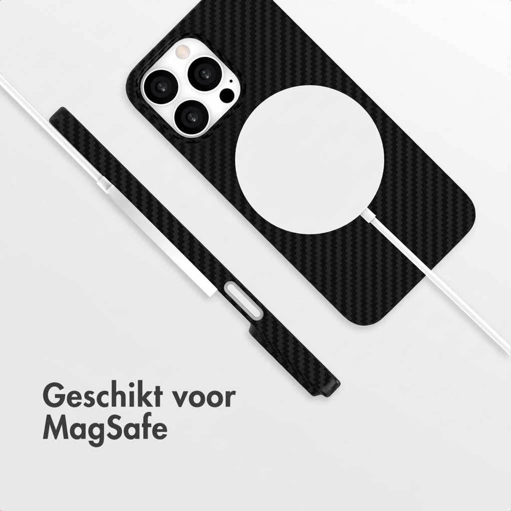 Coque de téléphone noire à motif carbone, cercle MagSafe, appareil photo et câble.