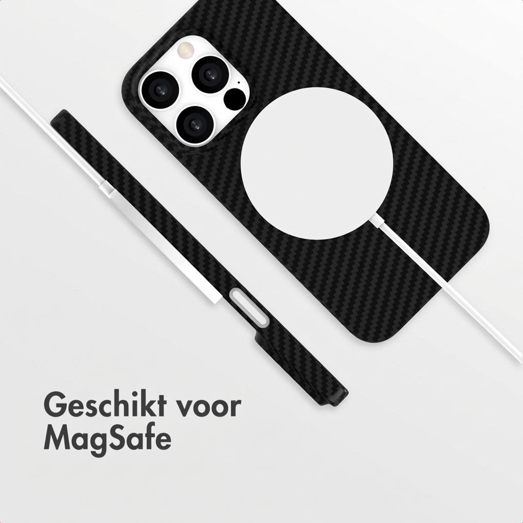 Coque de téléphone noire à motif carbone, cercle MagSafe et câble.