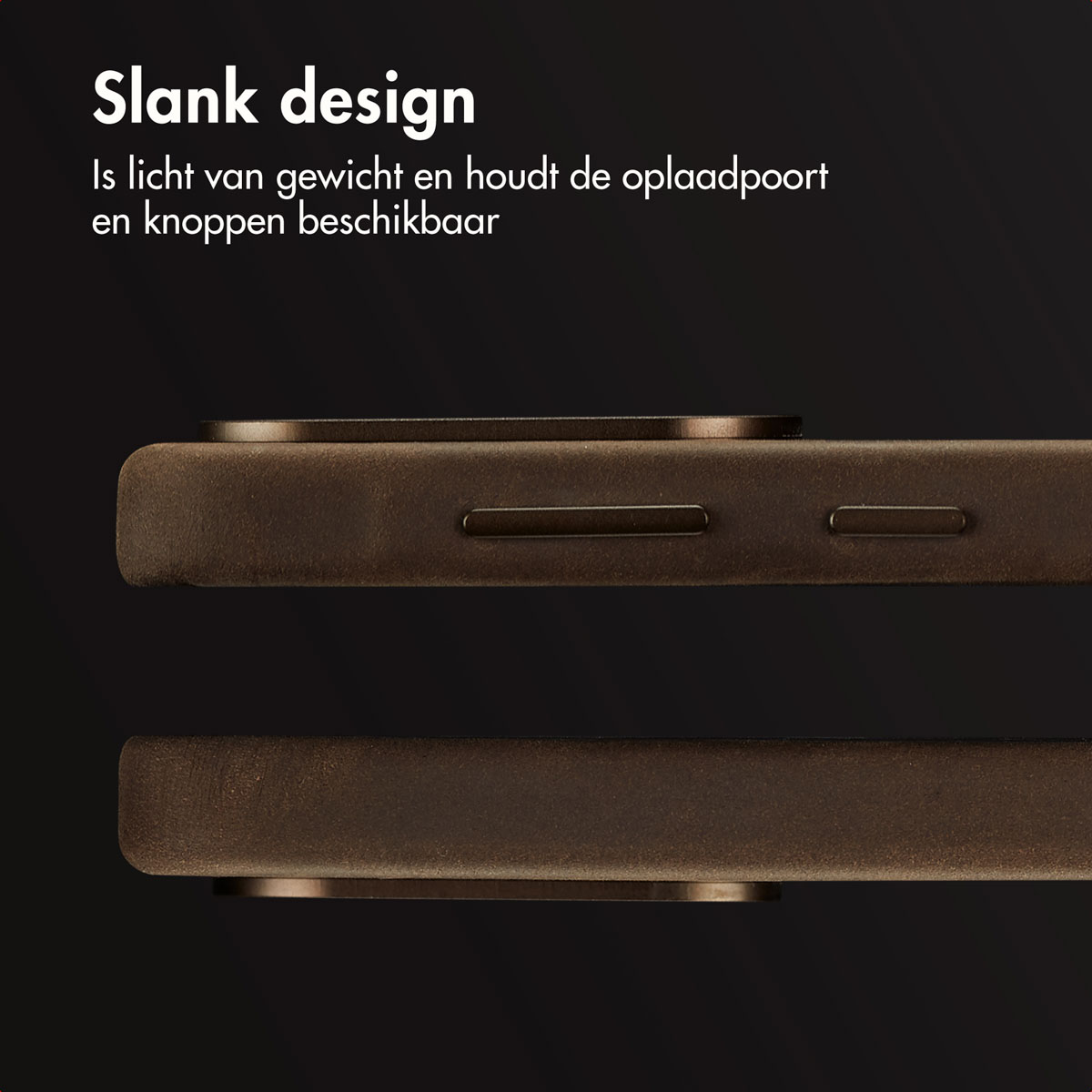 Détail de coque de téléphone marron, montrant les découpes pour ports et boutons.