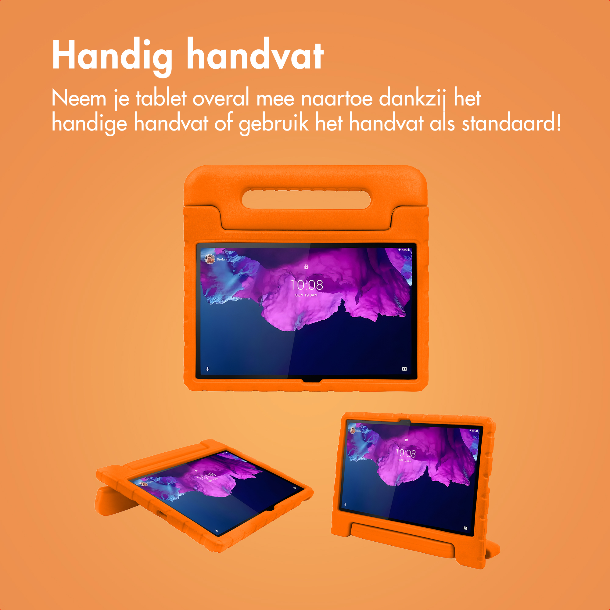 Orange tablet case with handle and stand in the foreground.