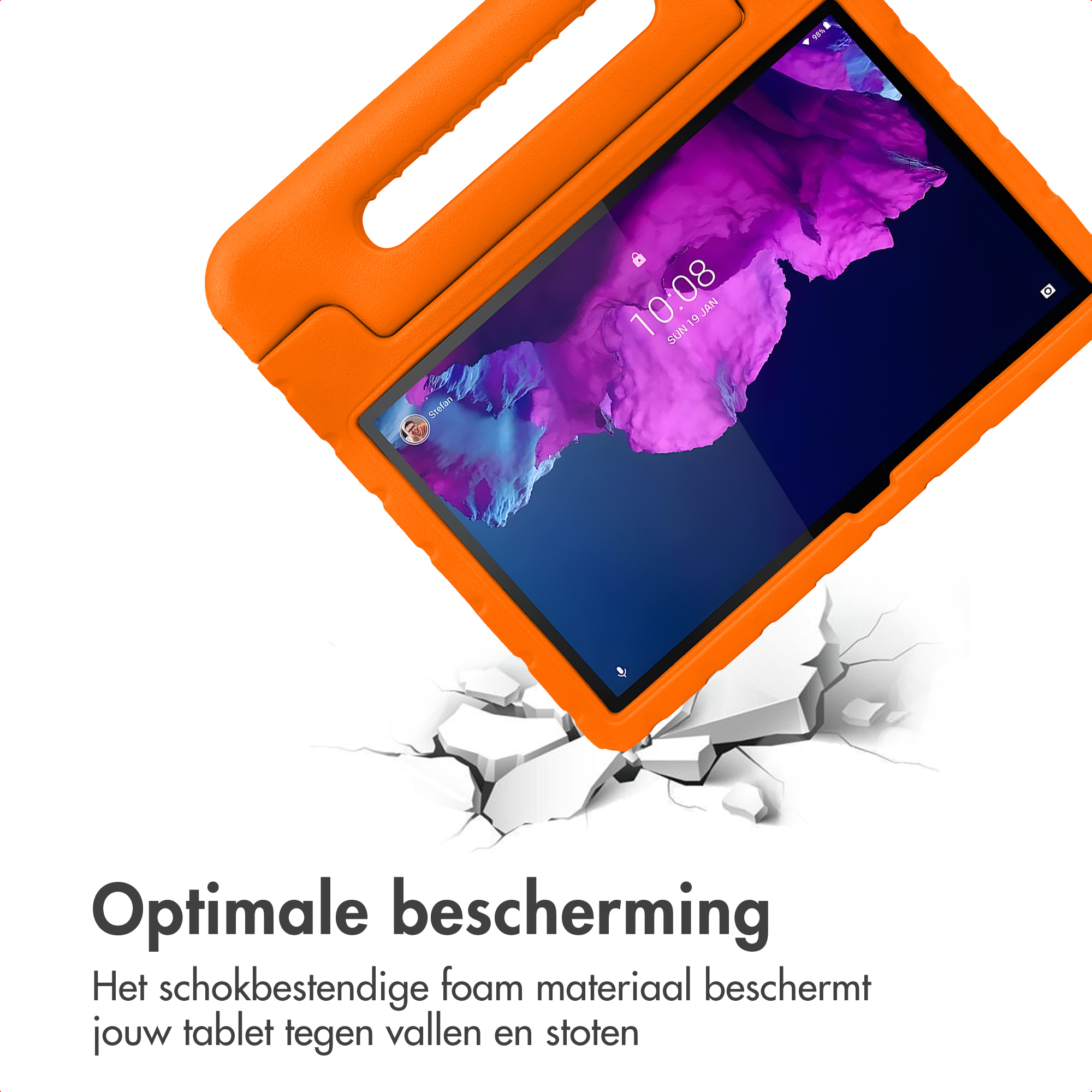 An orange tablet in a protective case breaks through the floor.