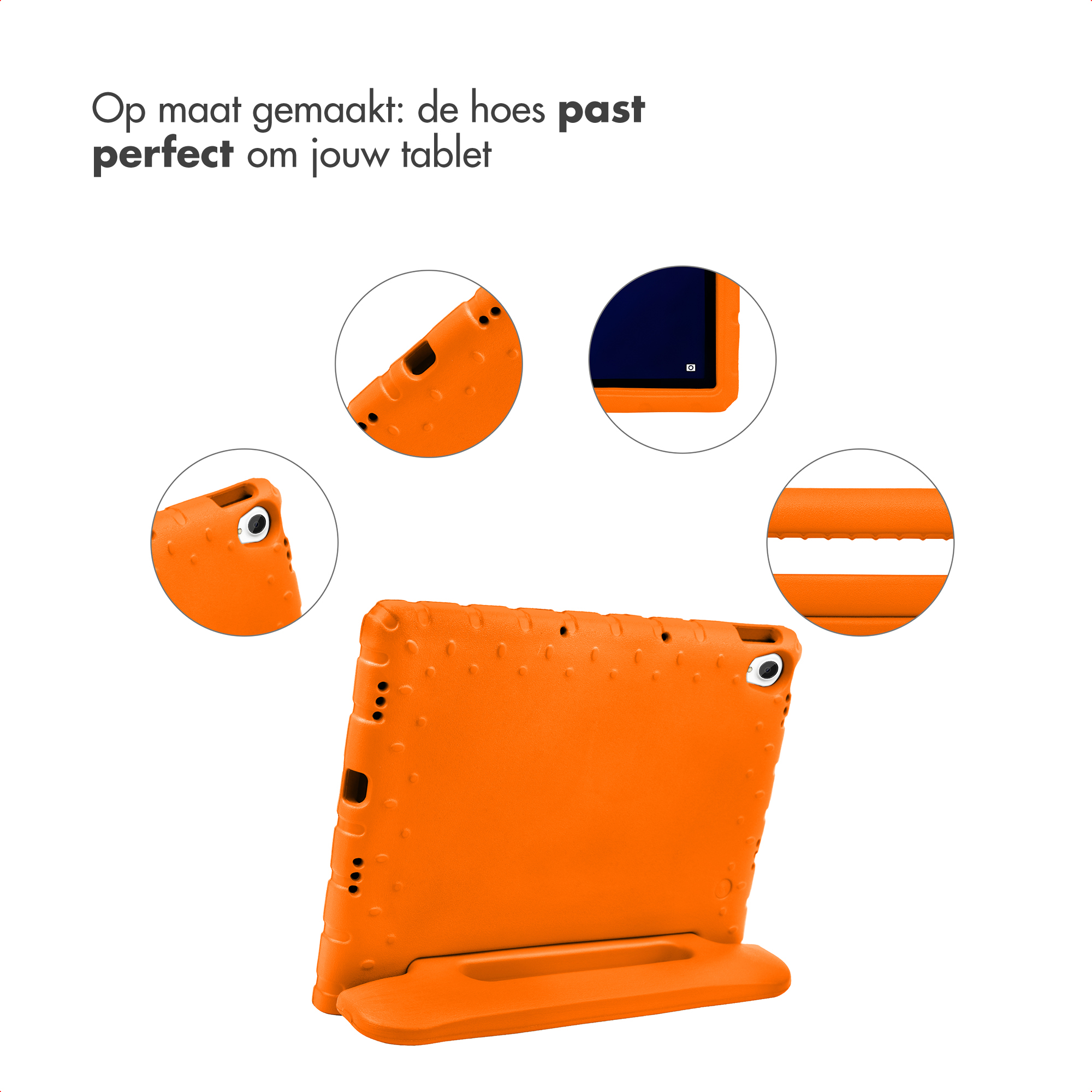 Orange tablet case with handle and stand, featuring close-ups of its details.