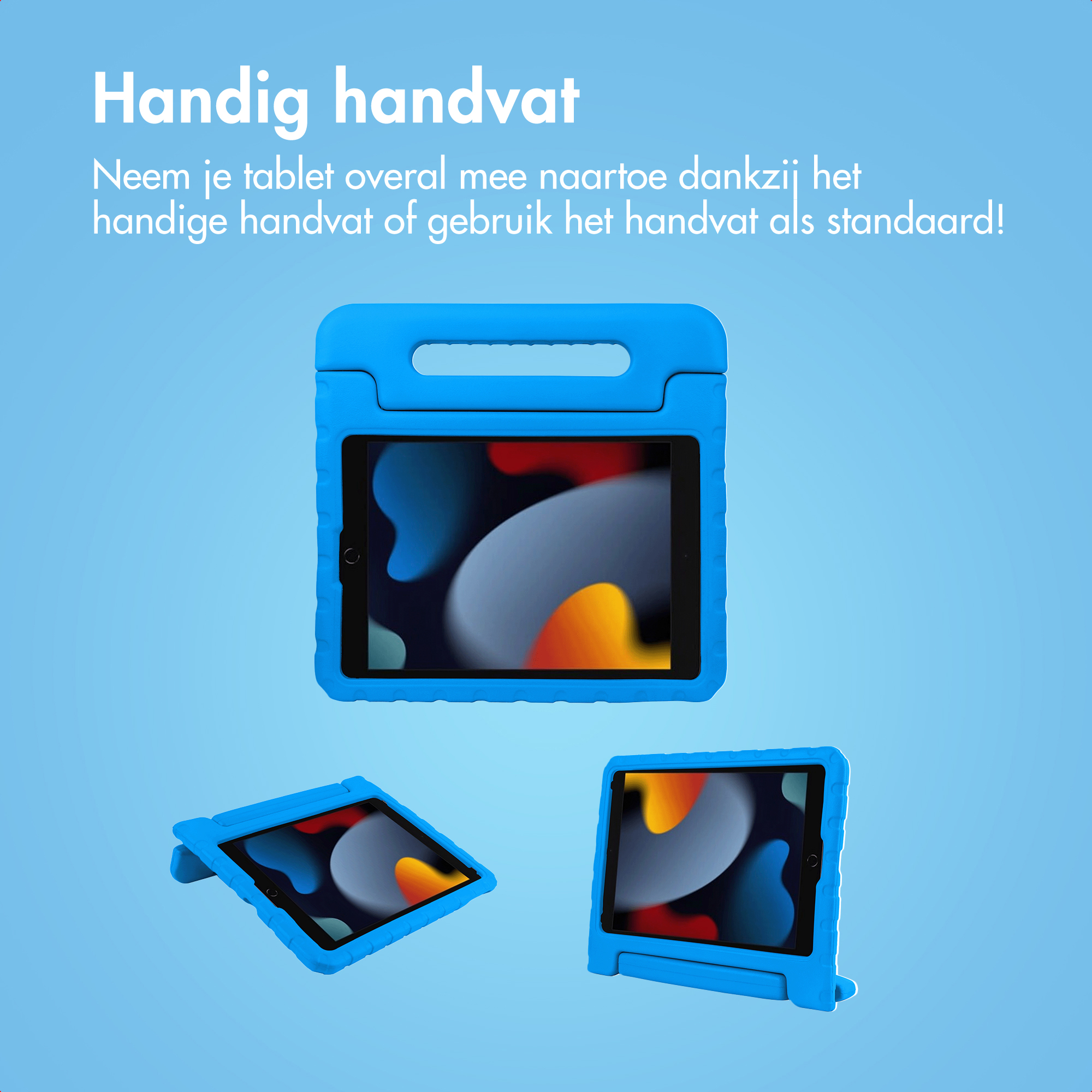 Blauw tablethoes met handvat en standaard, toont tabletscherm.