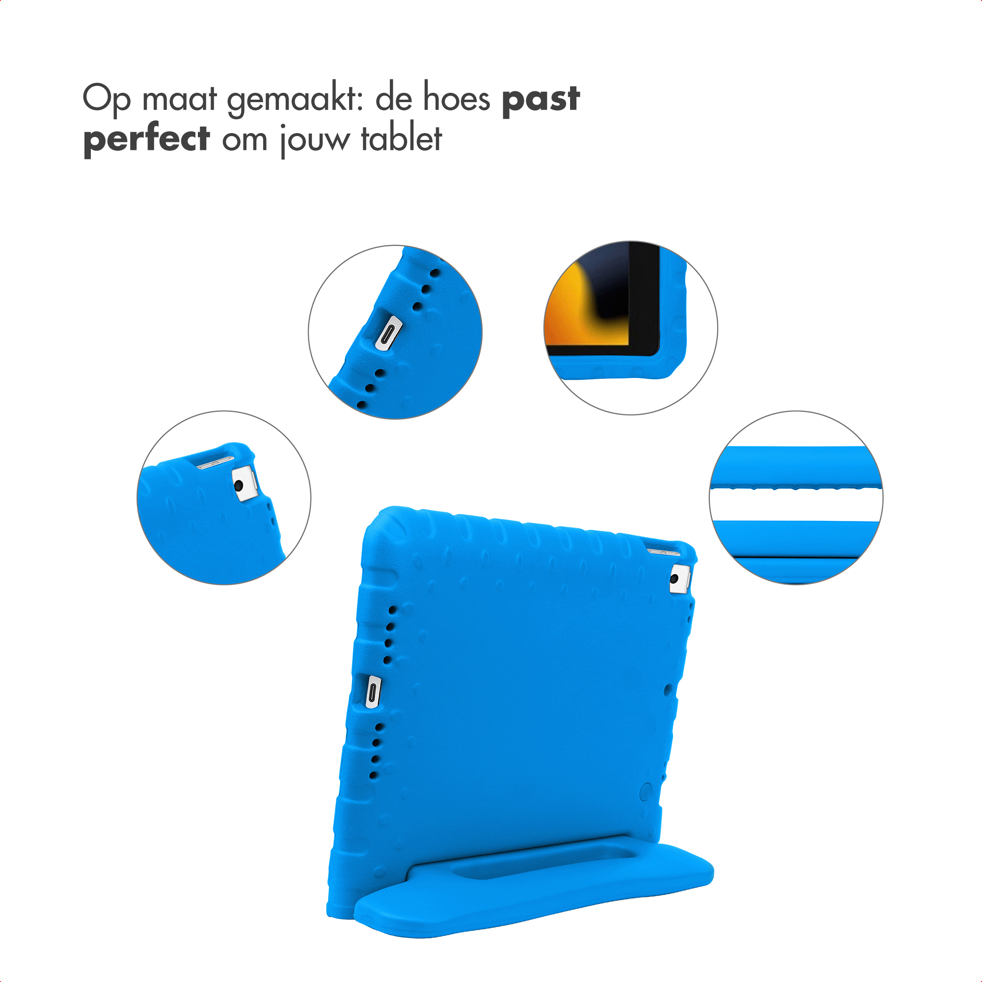 Een blauwe tablethoes met ingebouwde standaard.