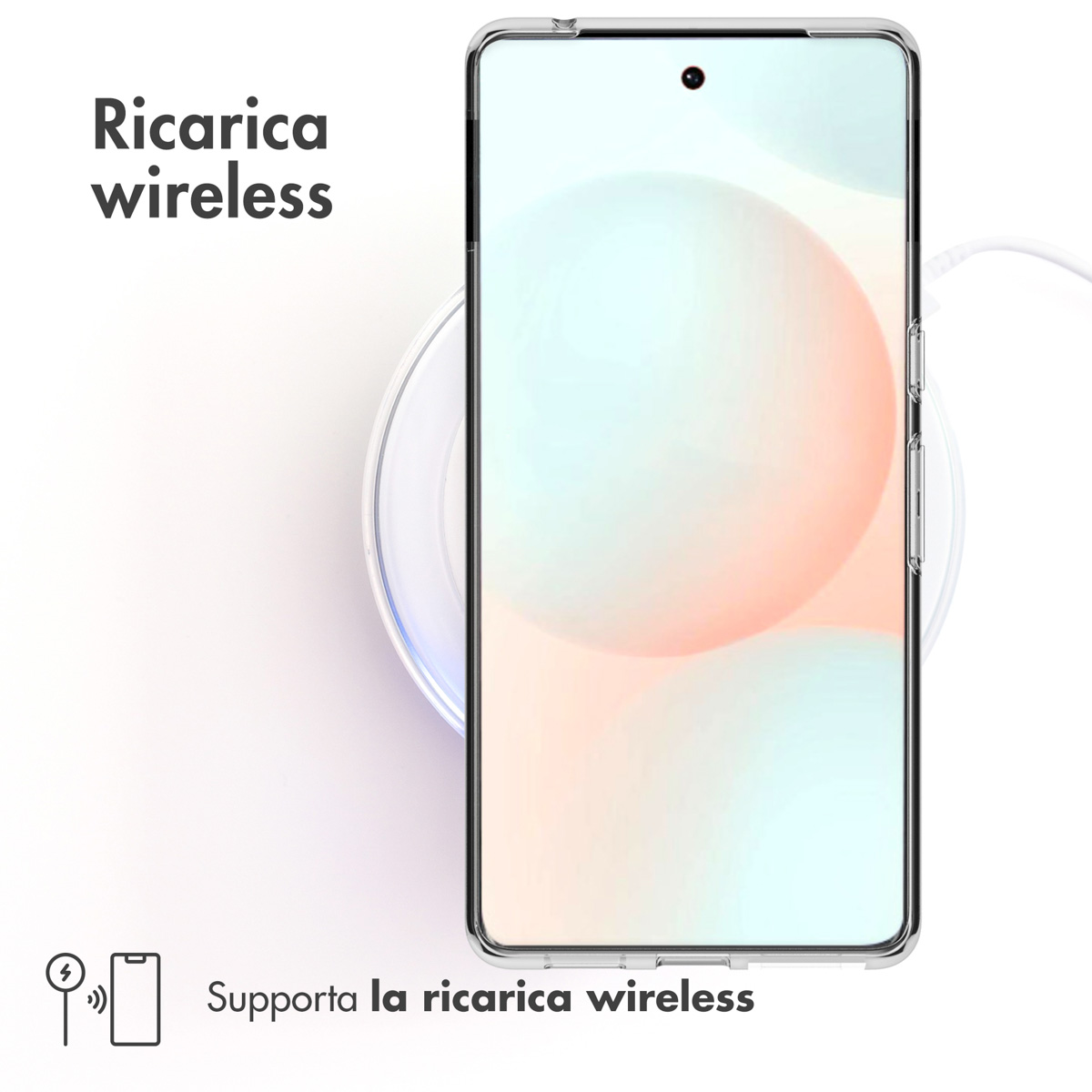 Un smartphone se recharge sans fil sur une station de charge ronde. Le texte dit 'Ricarica wireless'.