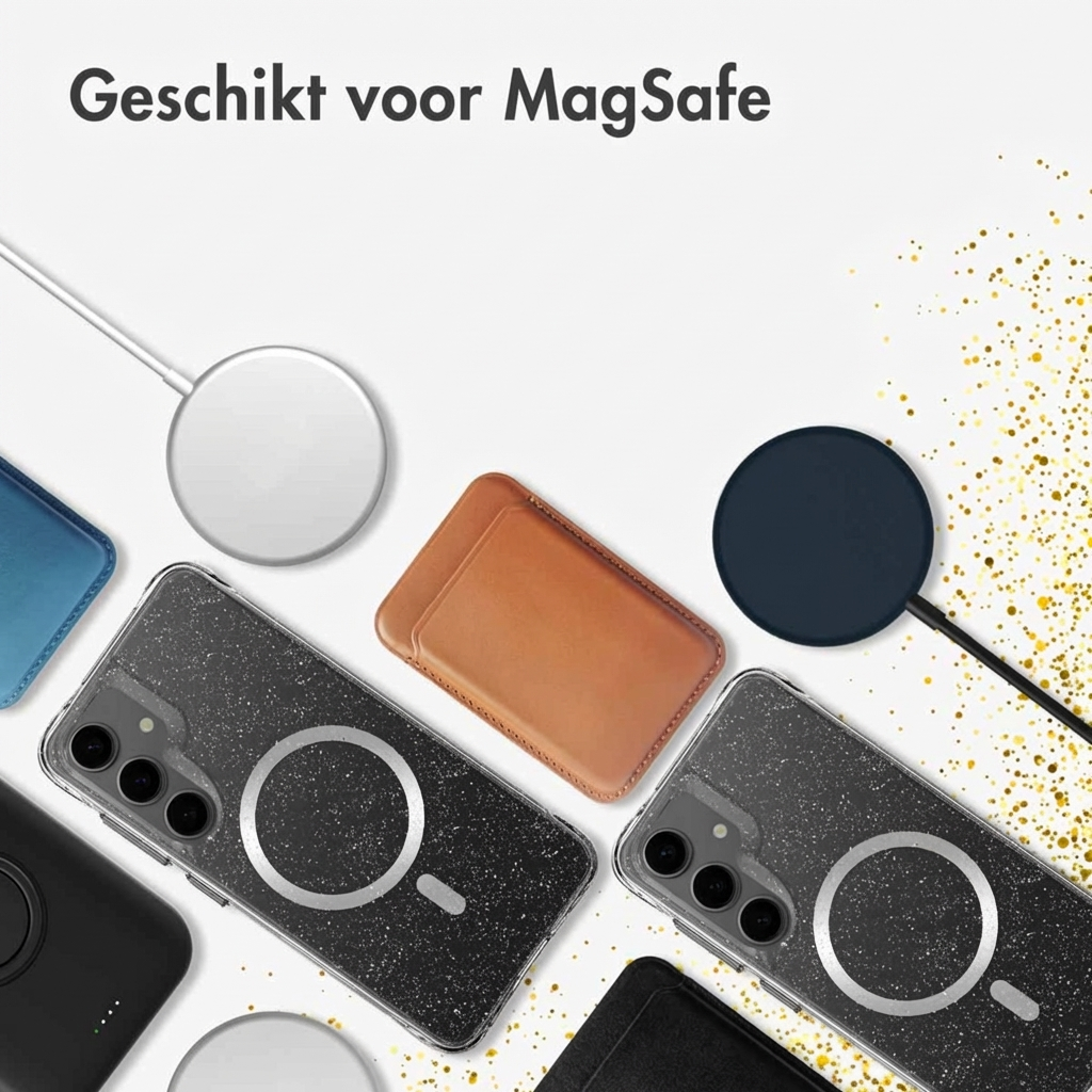 Diverse MagSafe-compatibele telefoonhoesjes en opladers op witte achtergrond.