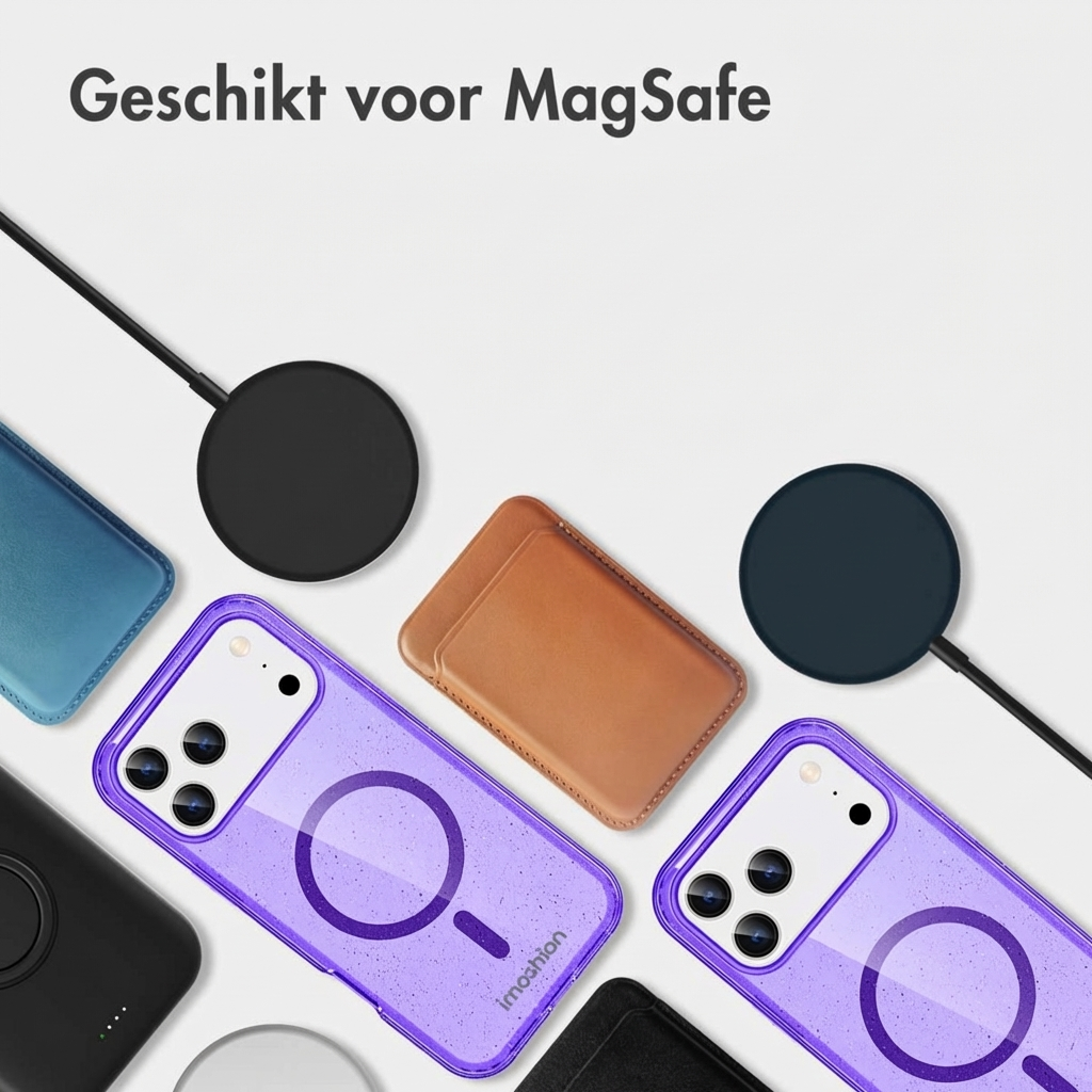 Plusieurs étuis iPhone, chargeurs MagSafe et un porte-cartes en cuir.
