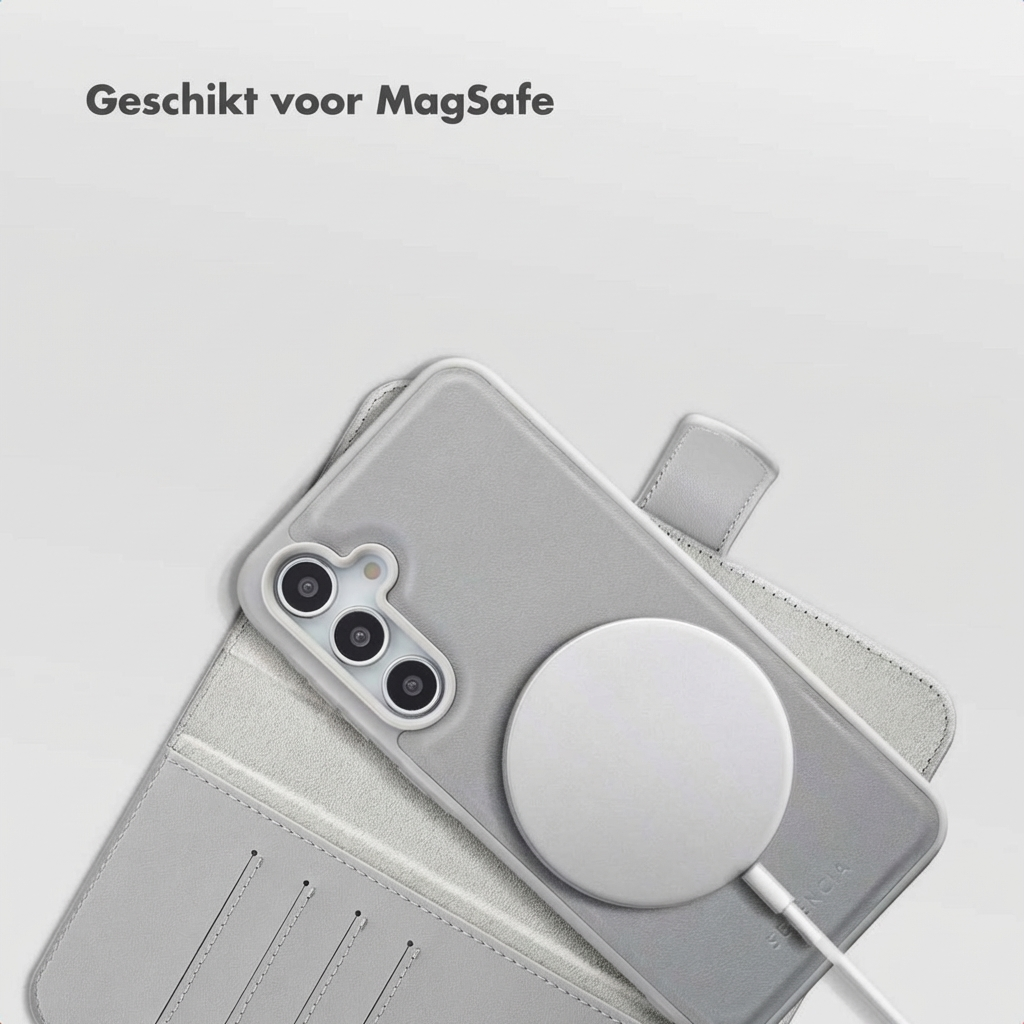 Grijze telefoon met MagSafe lader op een telefoonhoes met kaartsleuven.