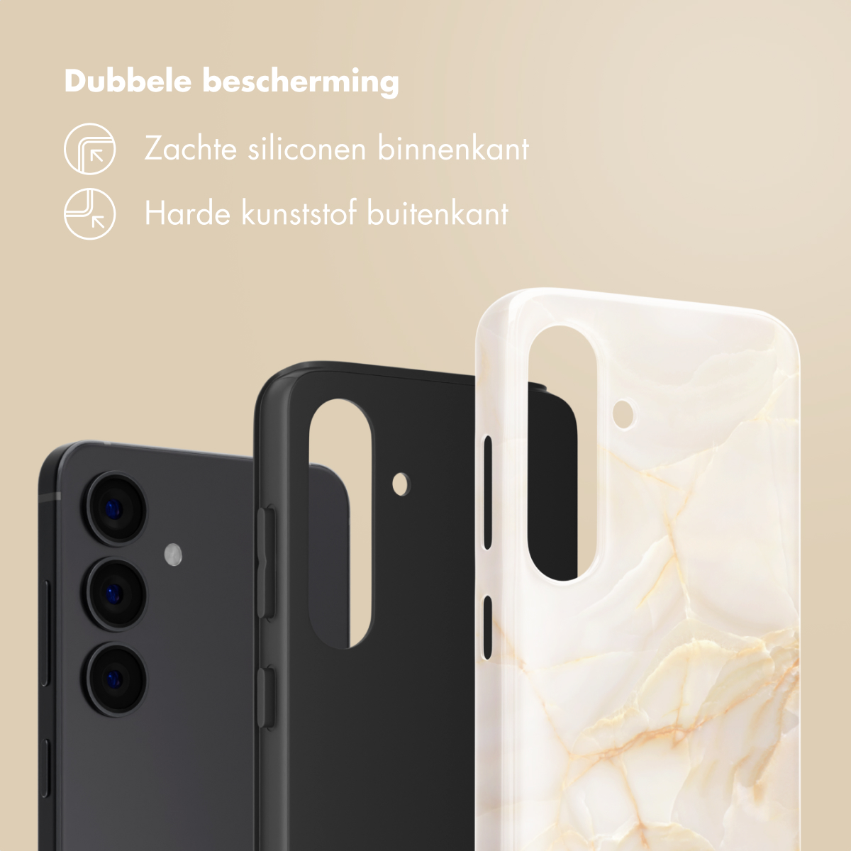 Tre custodie per telefono: nere con tre fotocamere, nere e bianche con motivo marmorizzato.