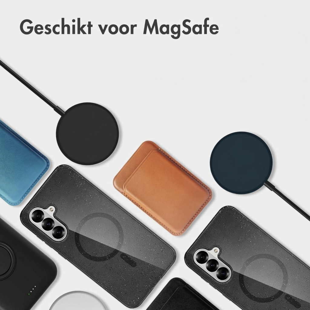 Plusieurs étuis de téléphone et chargeurs compatibles MagSafe sur fond blanc.