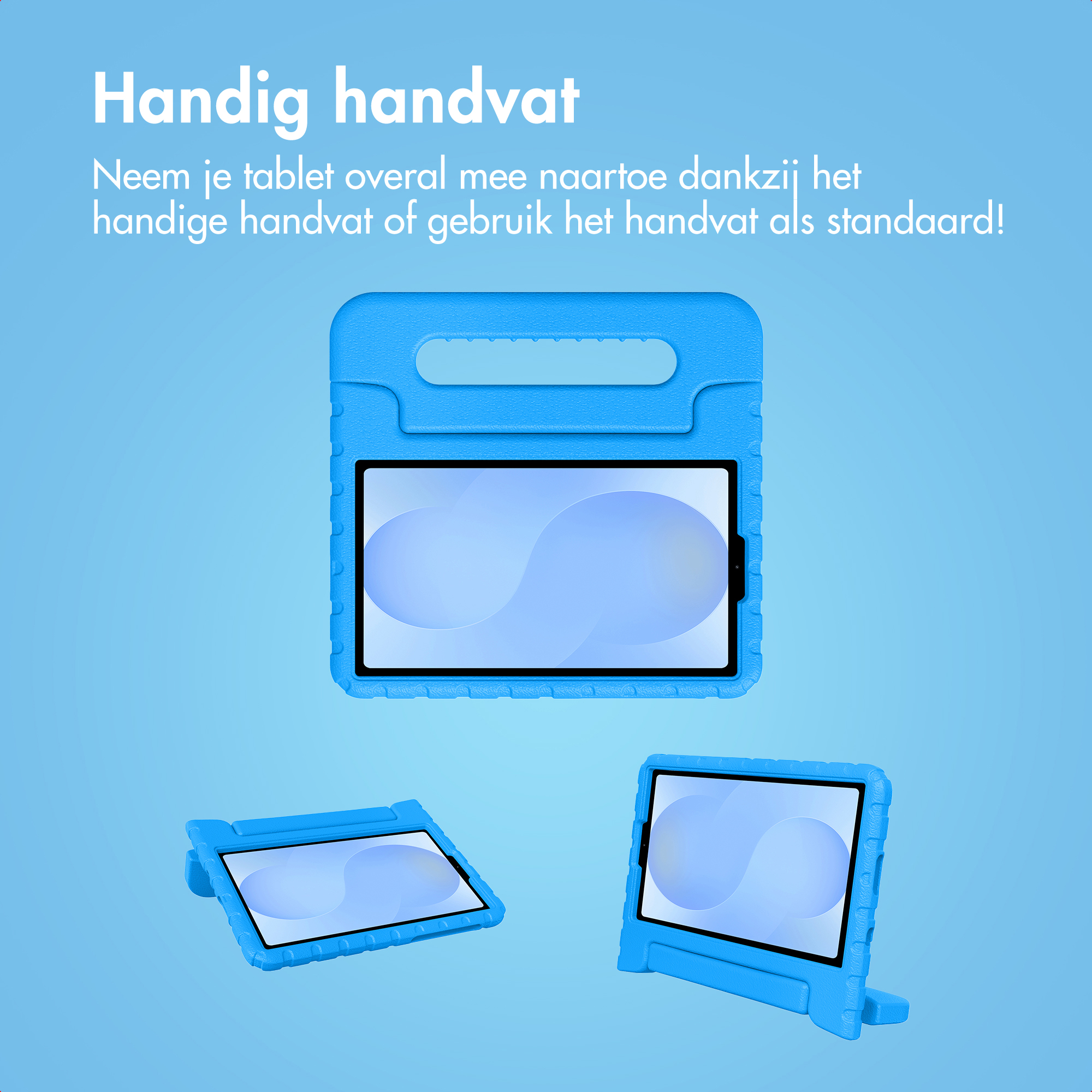 Blue tablet case with handle, can be used as a stand.