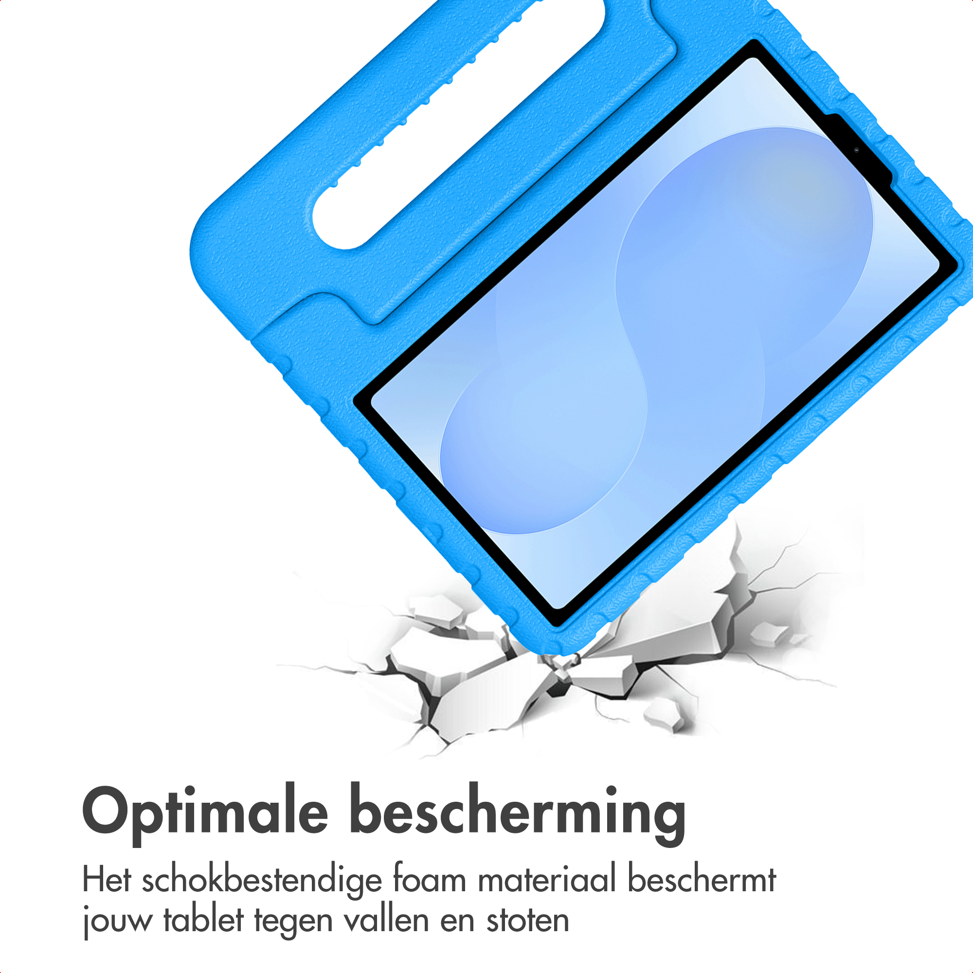 Blue tablet case with handle breaks out of white surface.