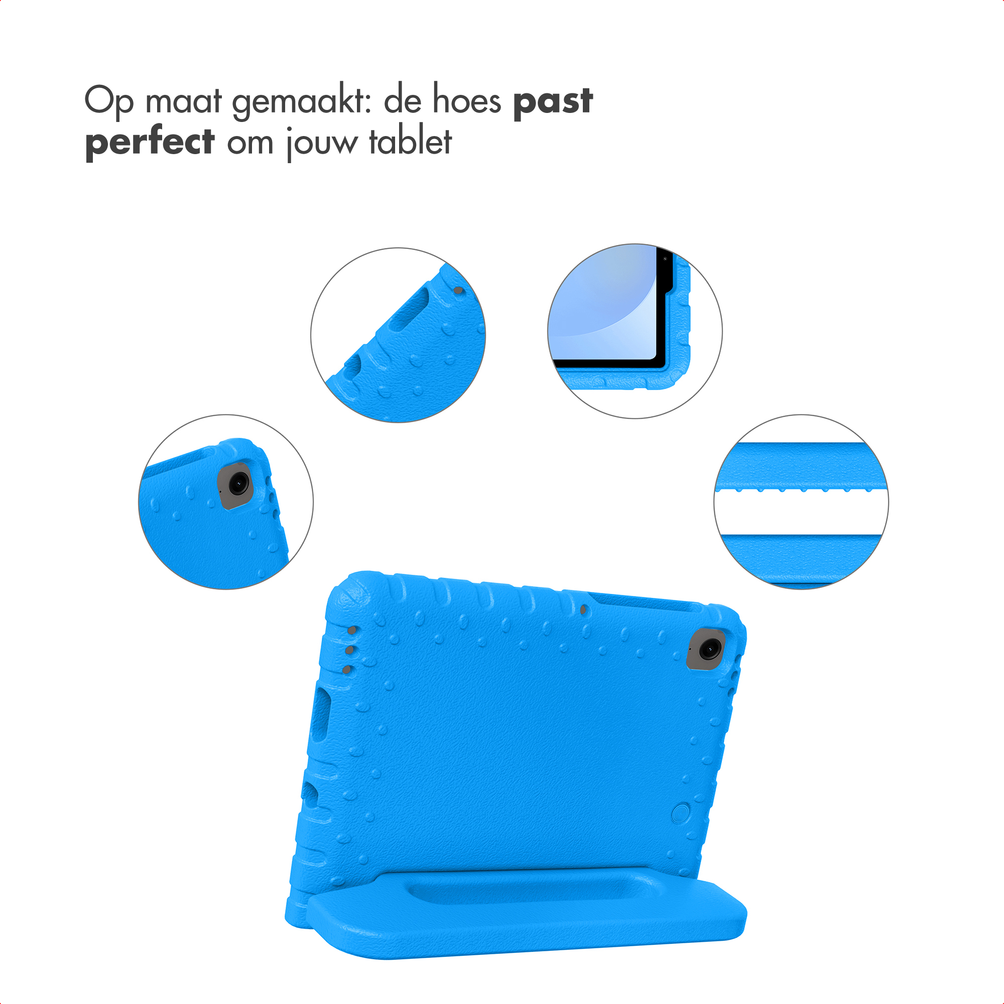 Blue tablet case with stand, featuring cutouts for camera and ports.