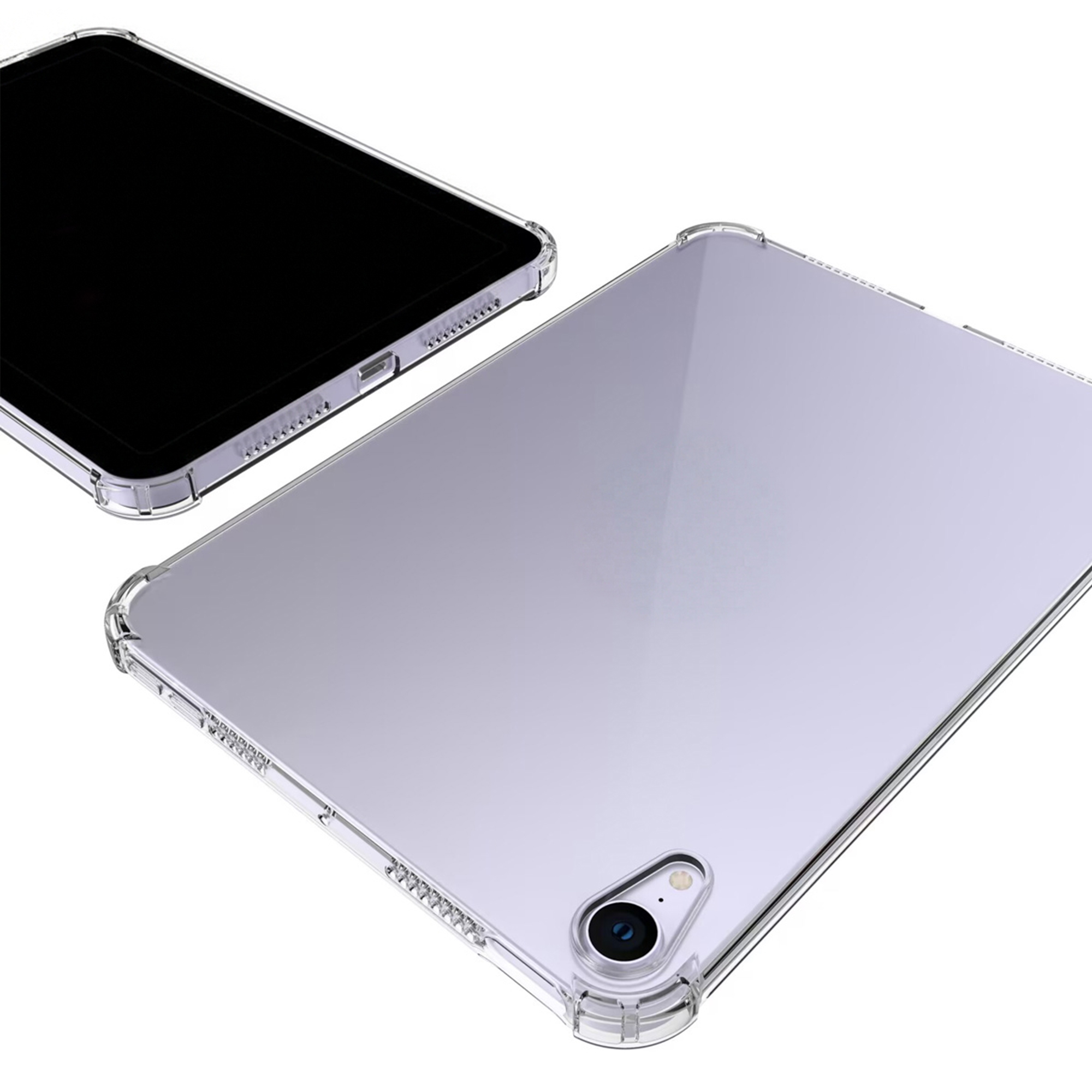 A clear protective case covering the front and back of a tablet.