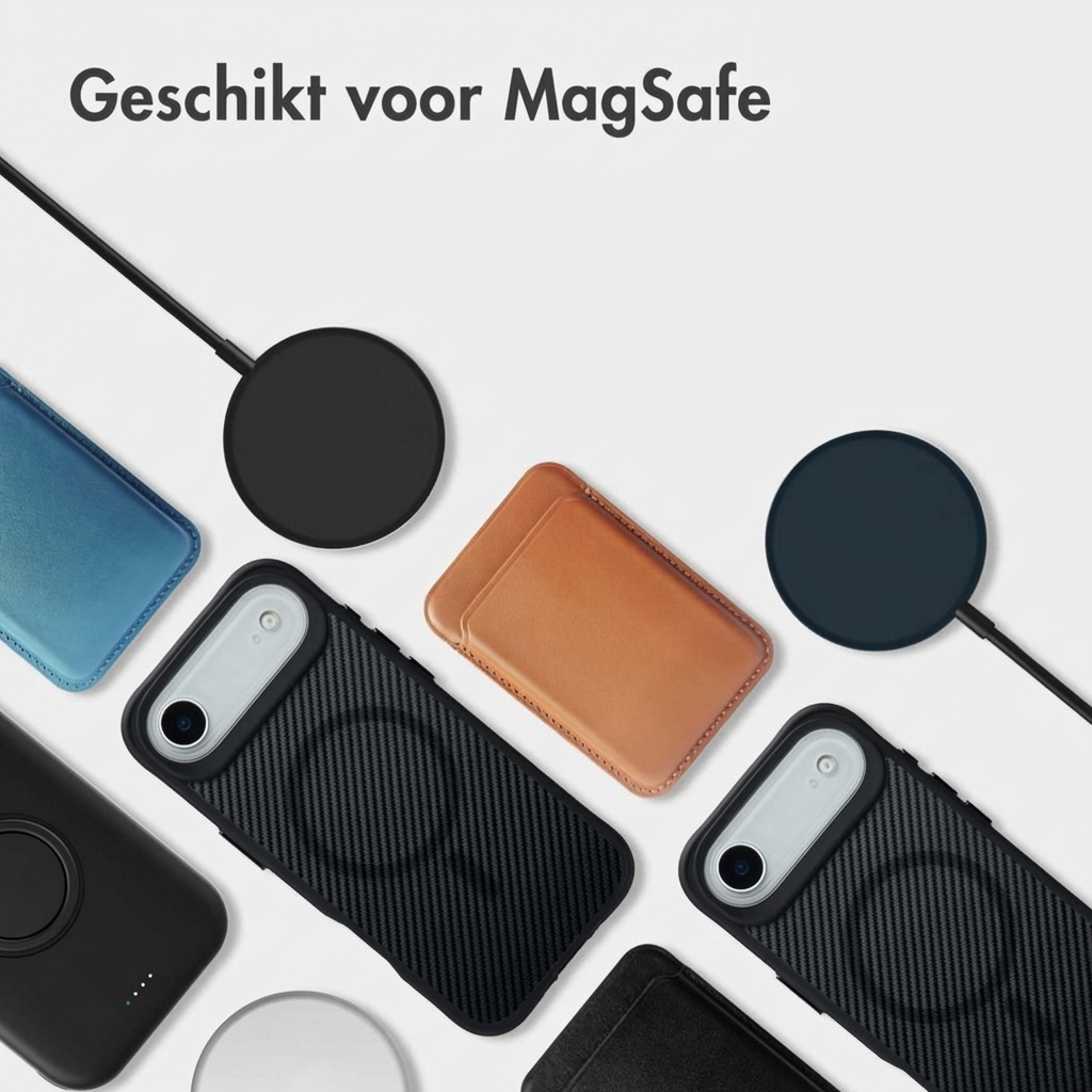 Deux coques noires à motif carbone, un portefeuille en cuir marron, une coque bleue et deux chargeurs MagSafe.
