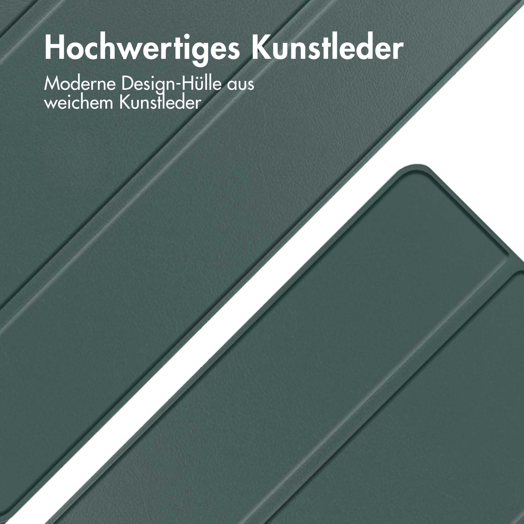 Groene kunstlederen hoes met tekst en naden.