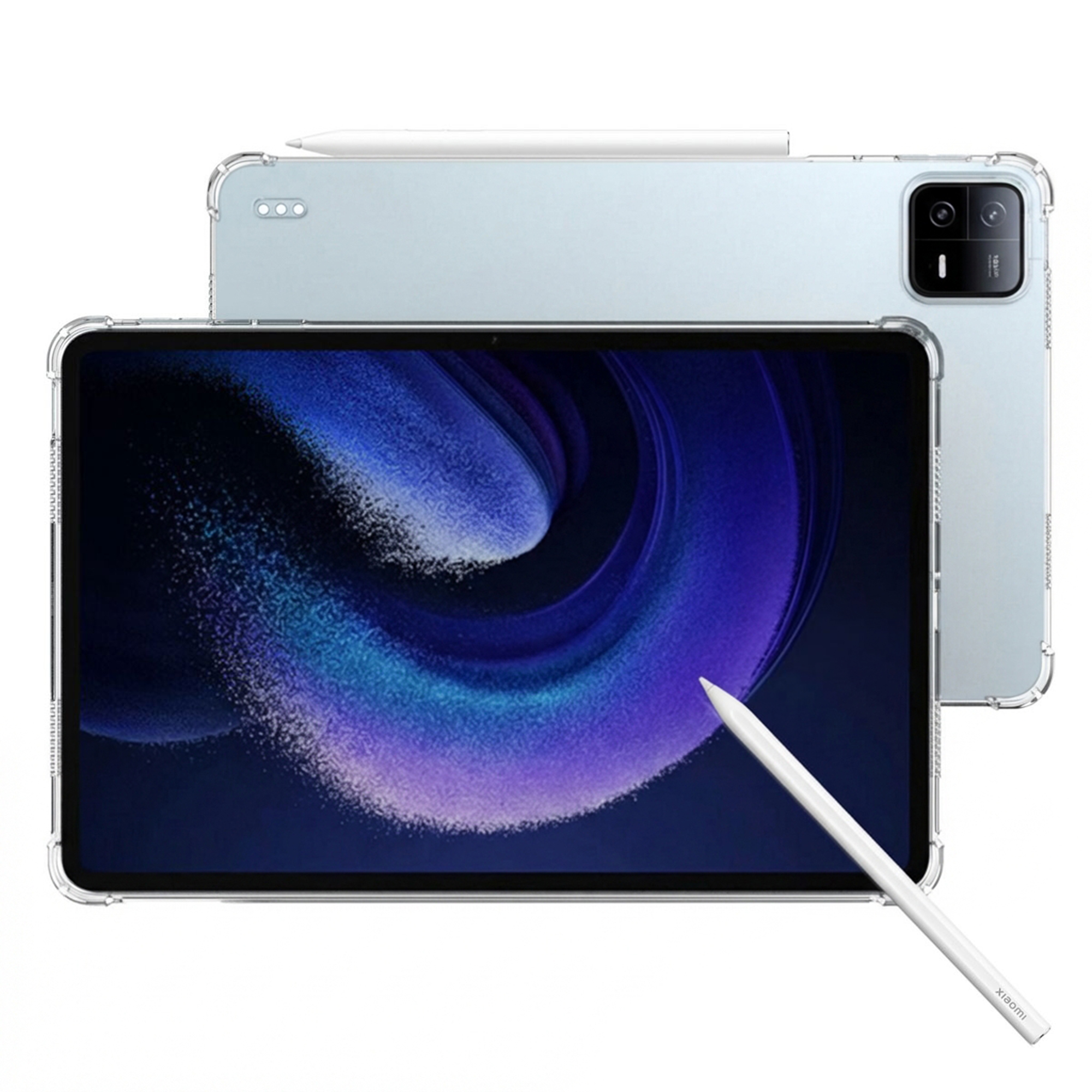 A light blue tablet with a stylus lies on another tablet.