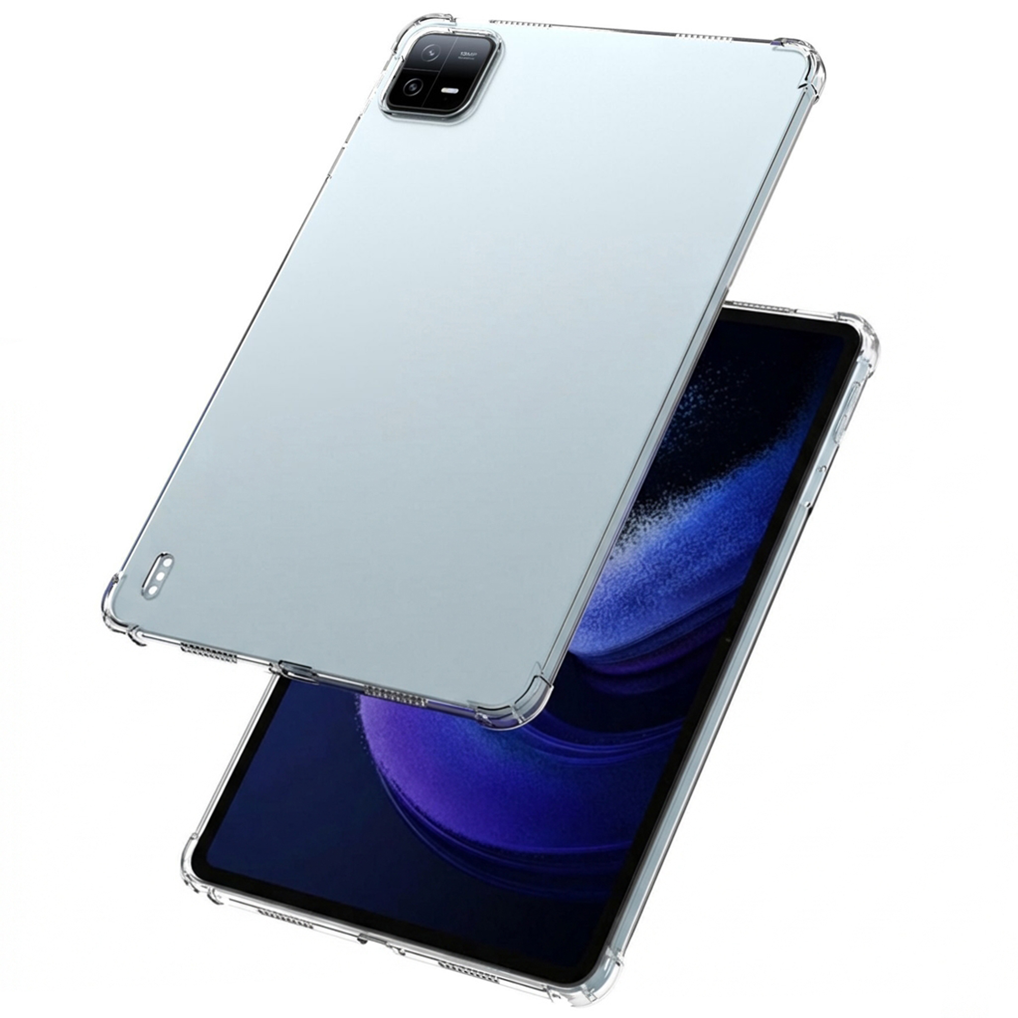 A transparent phone case lies over a smartphone with a blue background.