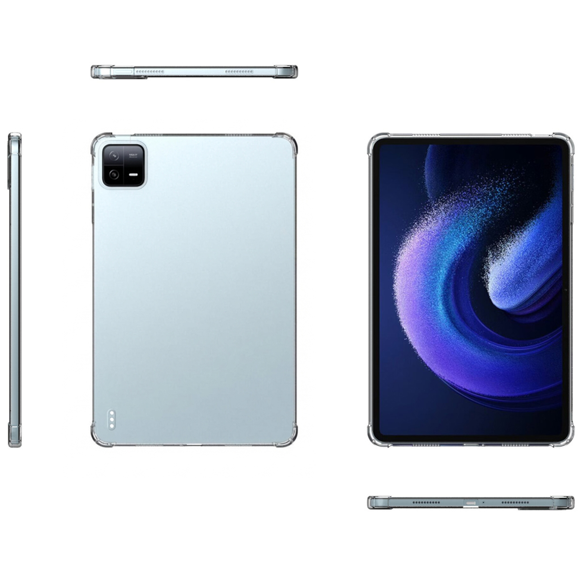 A tablet shown from front, back, and side views, with a blue abstract wallpaper.