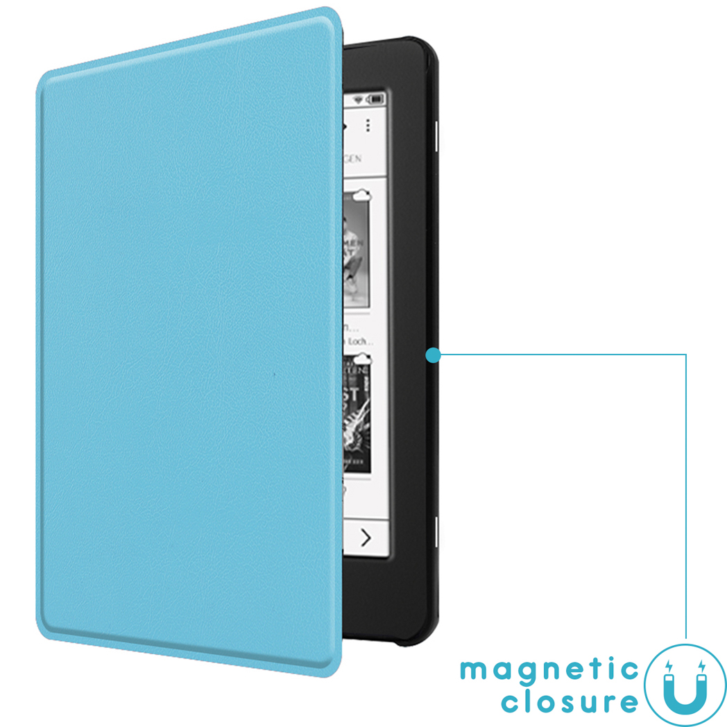 Étui bleu clair avec fermeture magnétique pour un liseuse.
