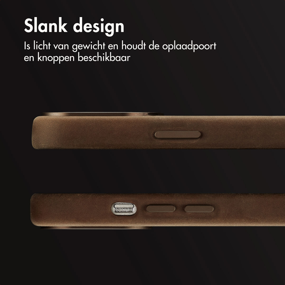Bruine telefoonhoes met uitsparingen voor oplaadpoort en knoppen.