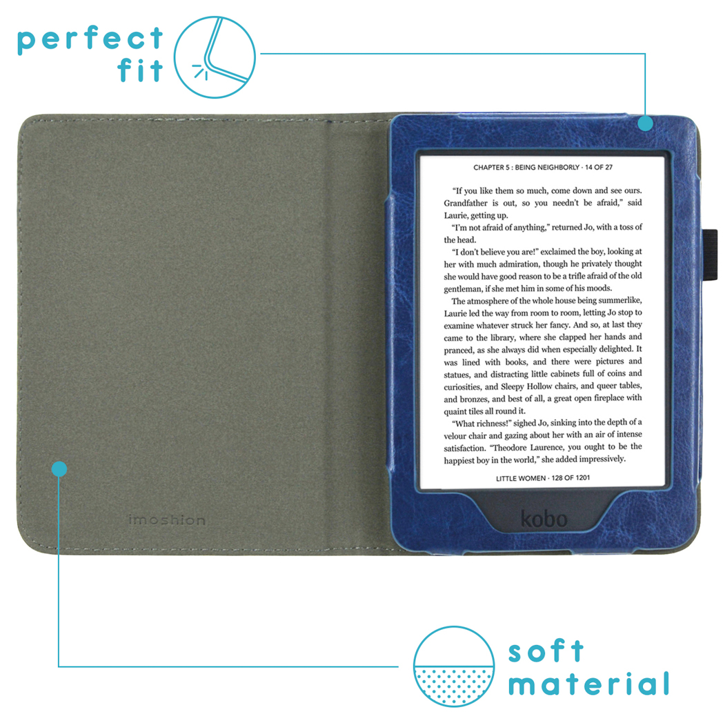 Een blauwe e-reader in een grijze hoes, met tekst op het scherm.