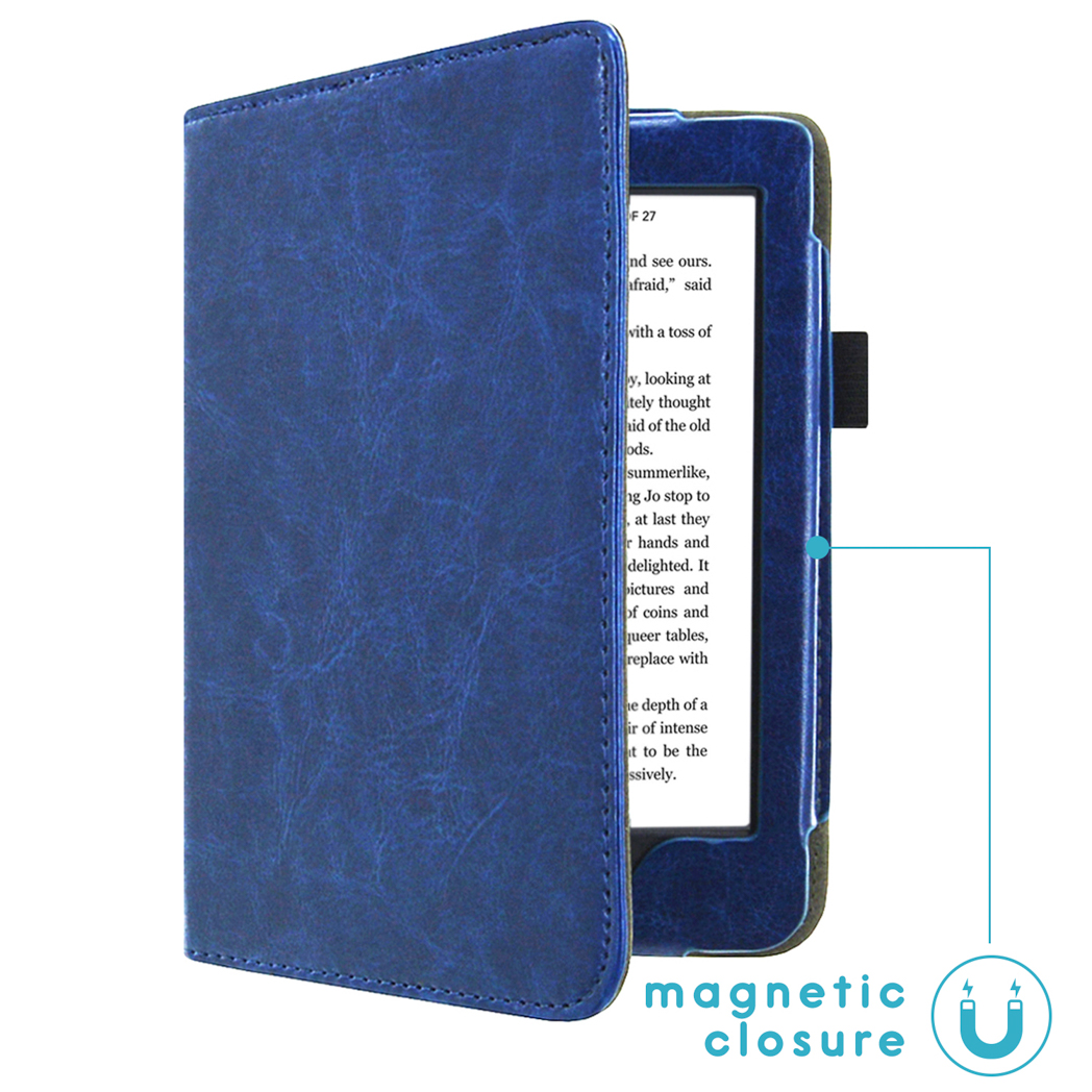 Blauwe e-reader hoes met magnetische sluiting, scherm open.