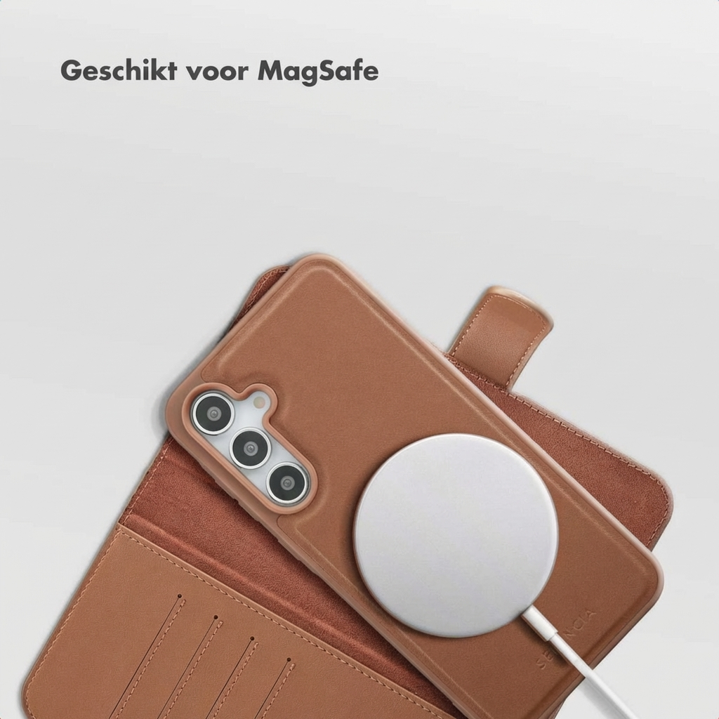 Bruine telefoon met MagSafe-oplader en leren hoesje.