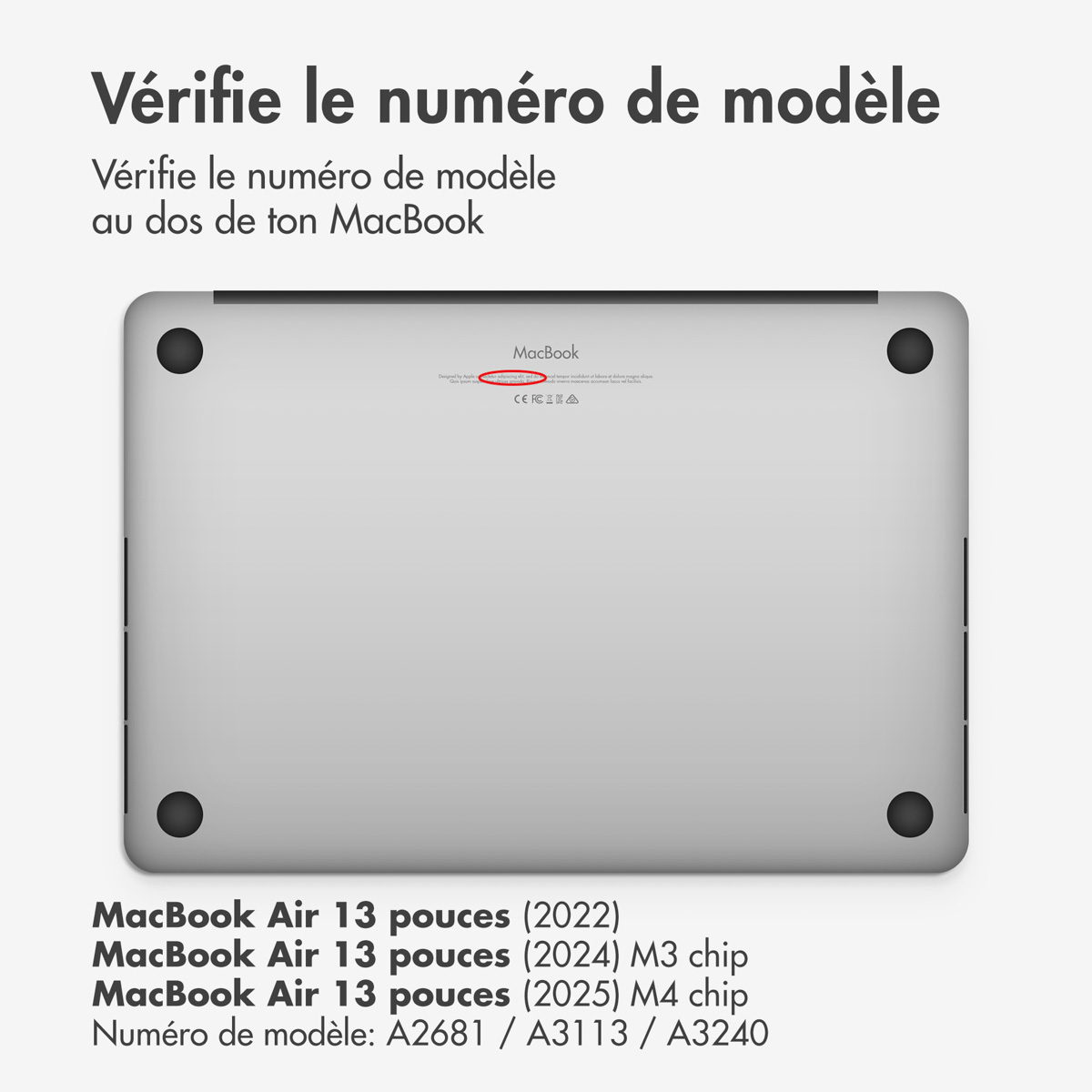 Onderkant van een zilveren MacBook met het modelnummergebied gemarkeerd.