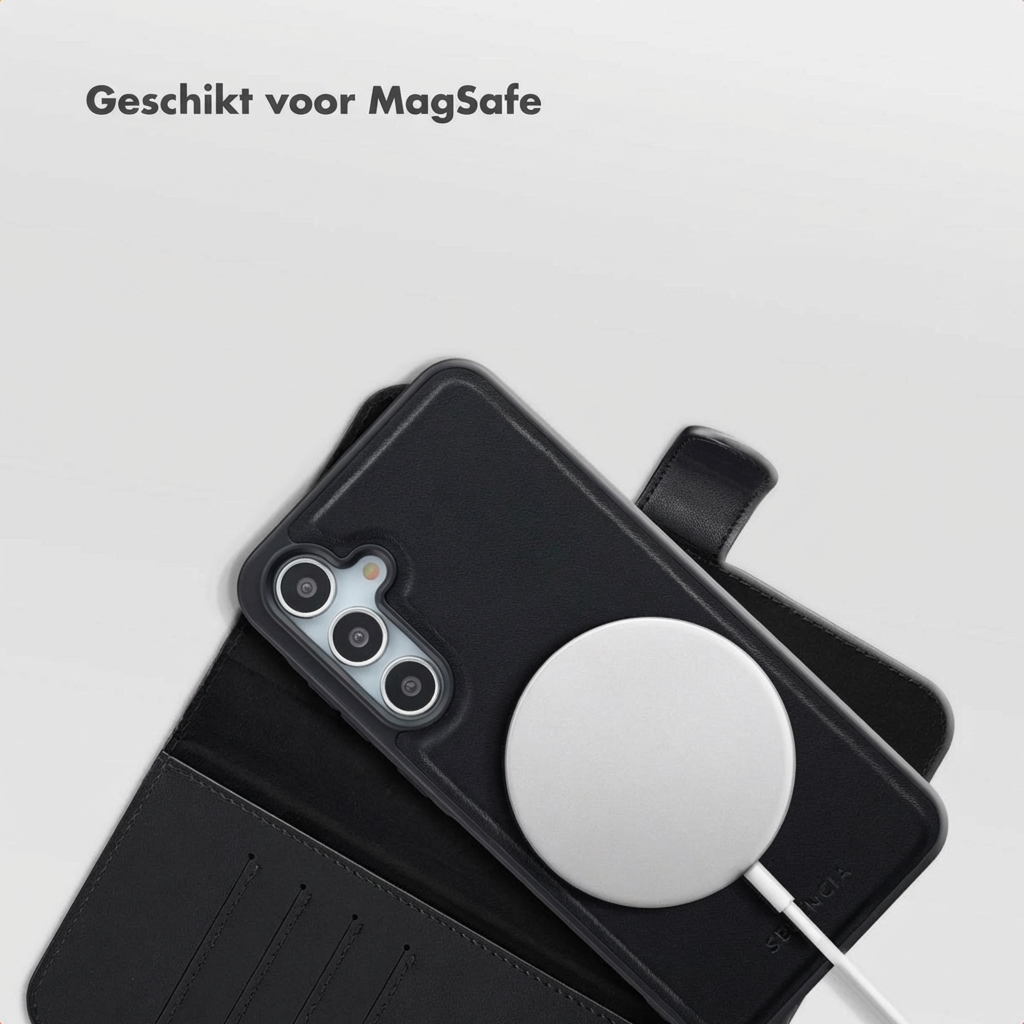 Zwarte telefoon met MagSafe-oplader en hoesje. Tekst: Geschikt voor MagSafe.