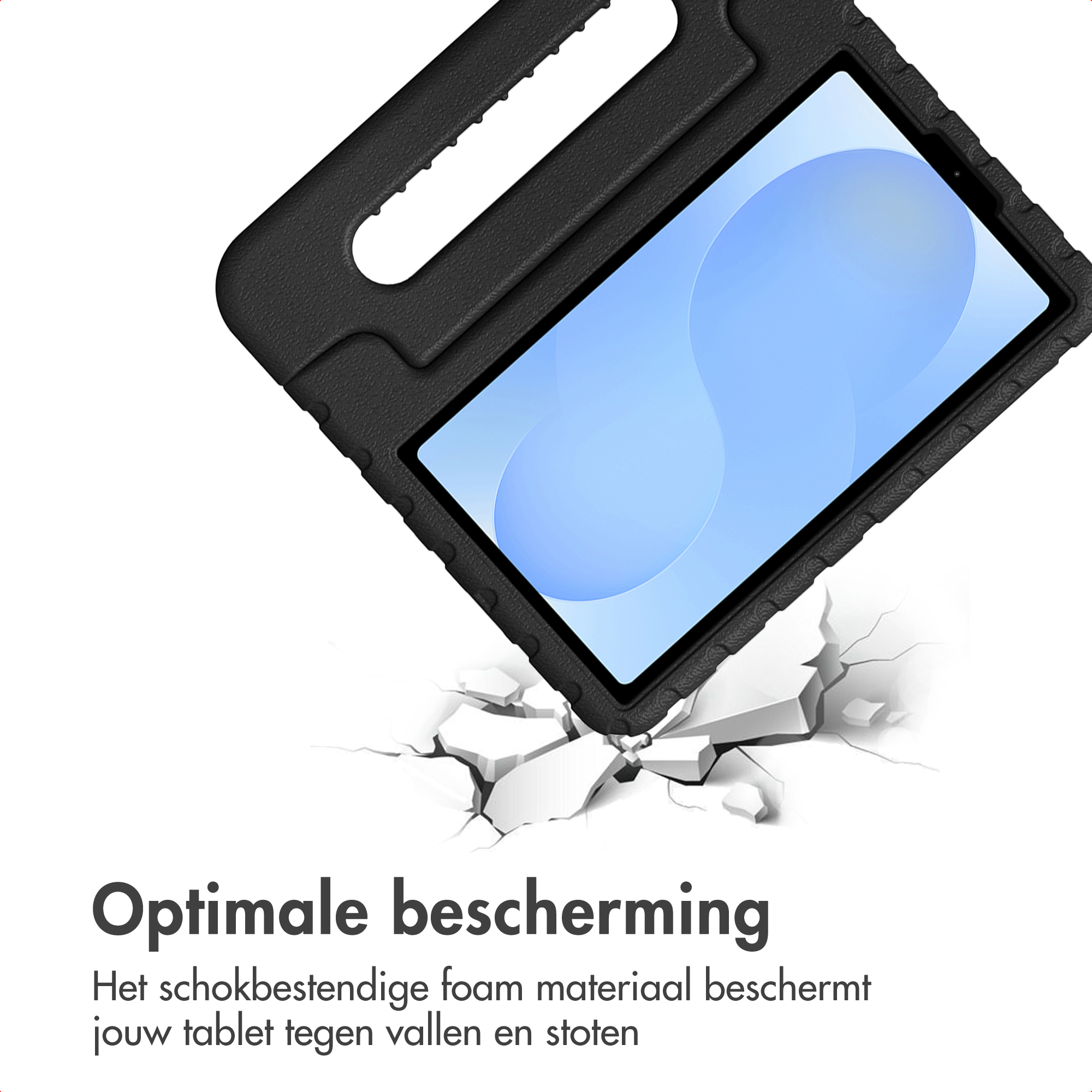 Coque noire pour tablette avec poignée, simulant une fissure.