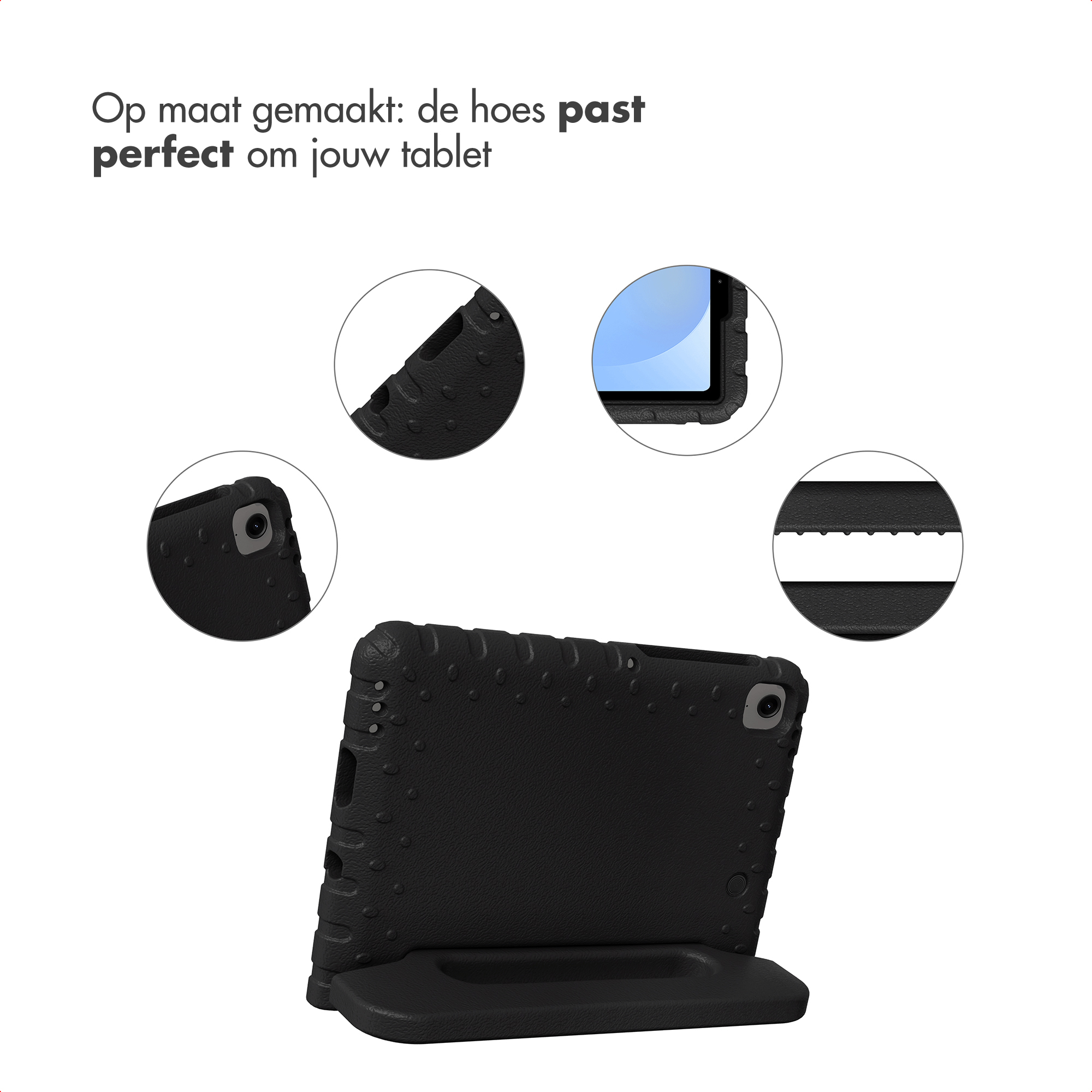 Coque noire pour tablette avec texture à picots et support intégré. Gros plans montrant la caméra et la texture.