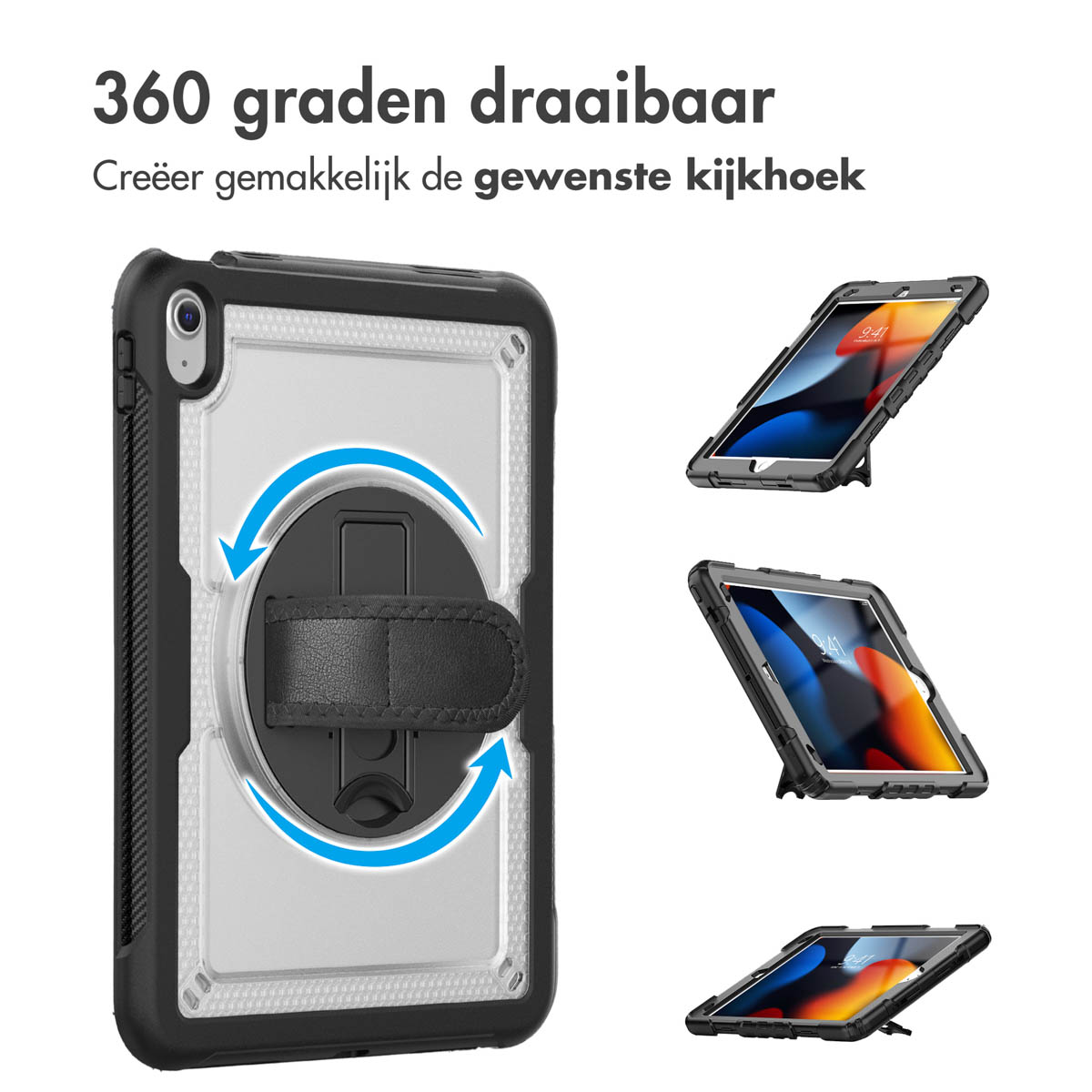 Coque noire pour tablette avec rotation à 360 degrés et support.