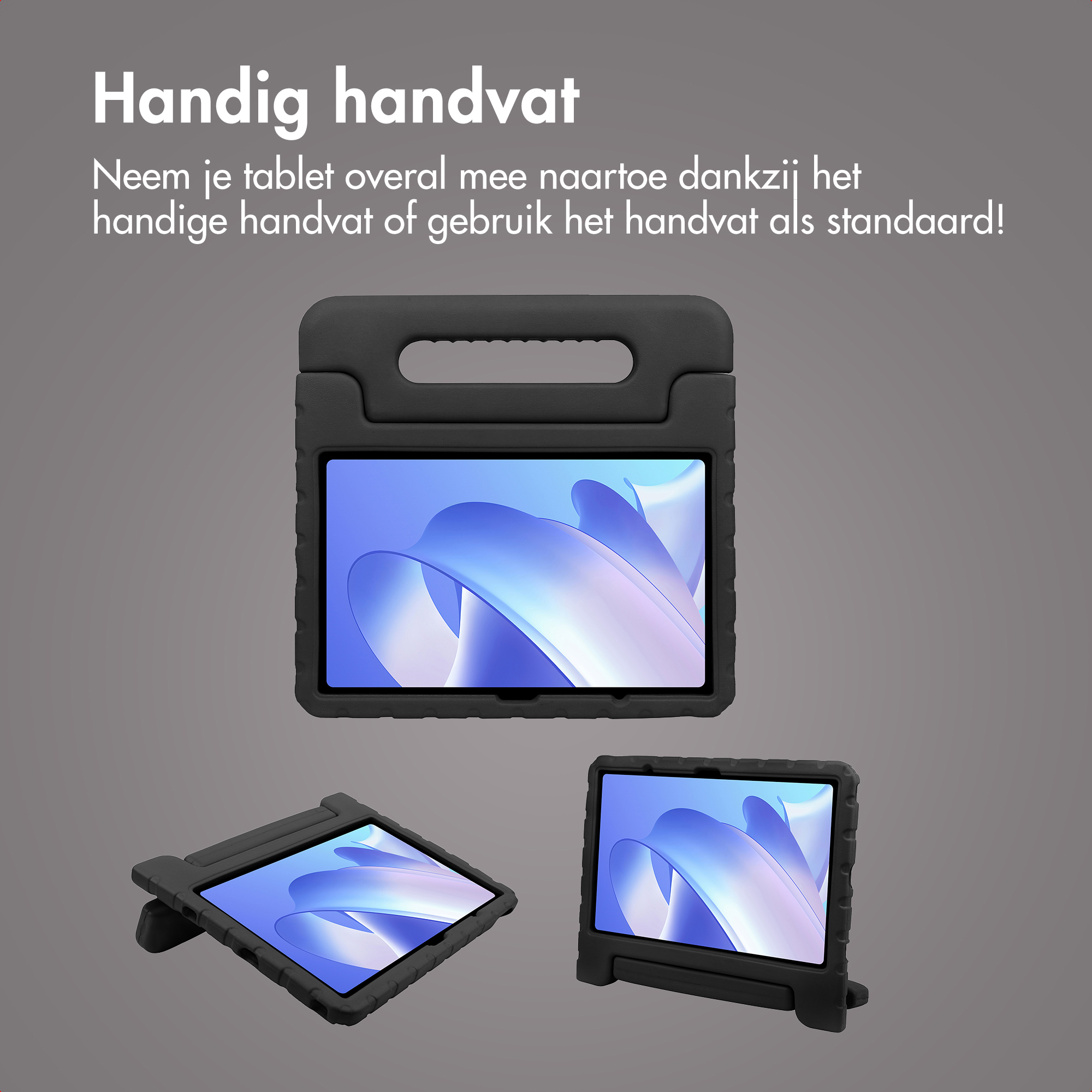 Black tablet case with handle. Shows three views.