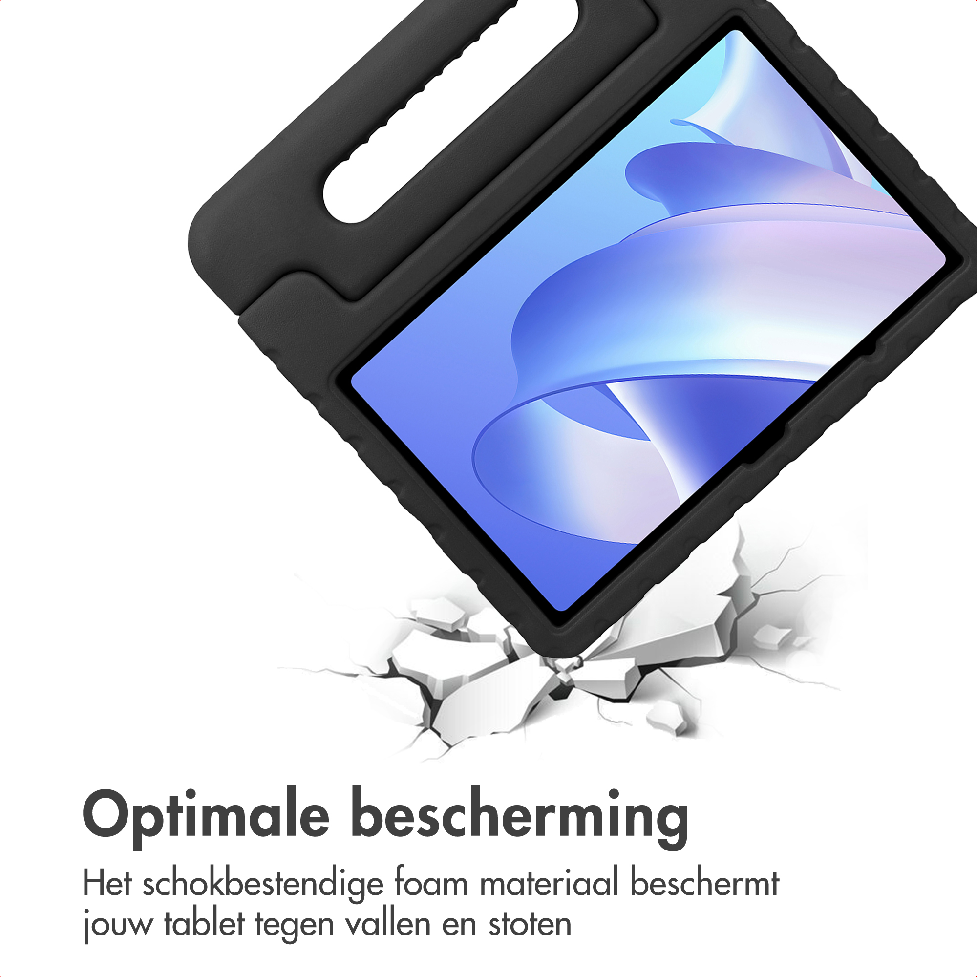 Black tablet case with handle falling onto cracked ground.