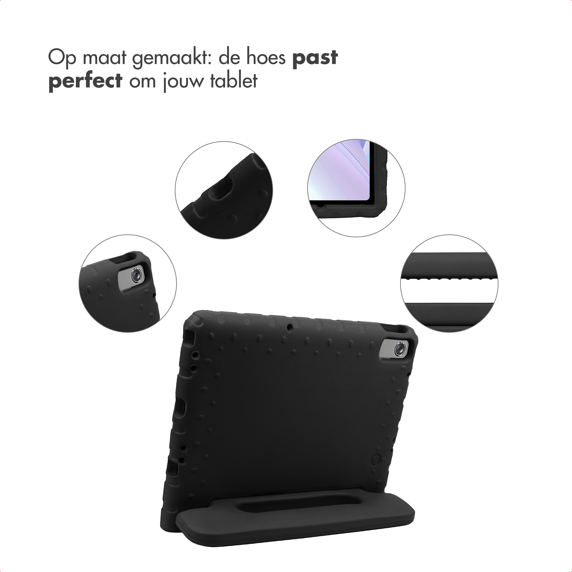 Black tablet case with stand and cutouts for camera and buttons.