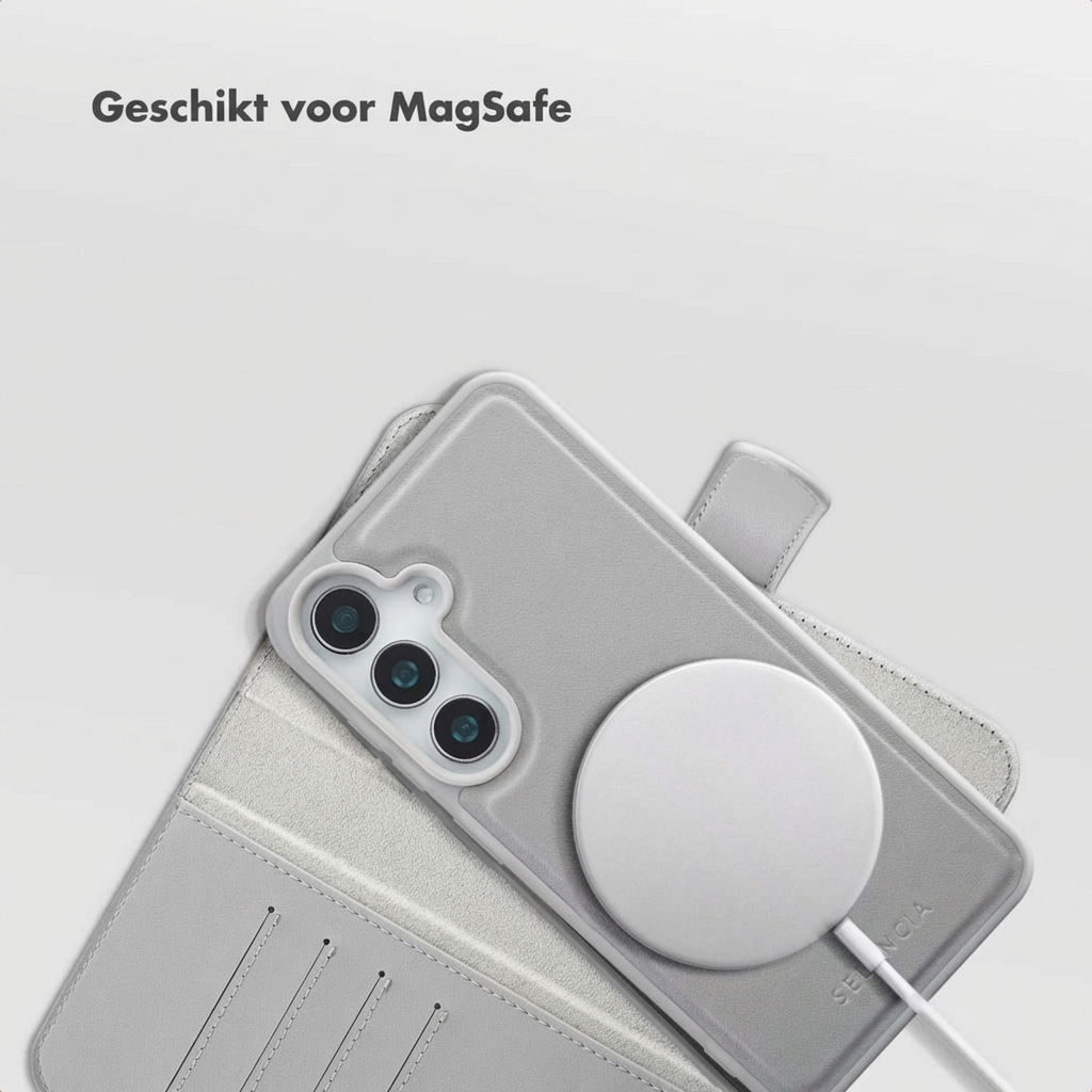Grijze telefoon met MagSafe lader en hoesje.