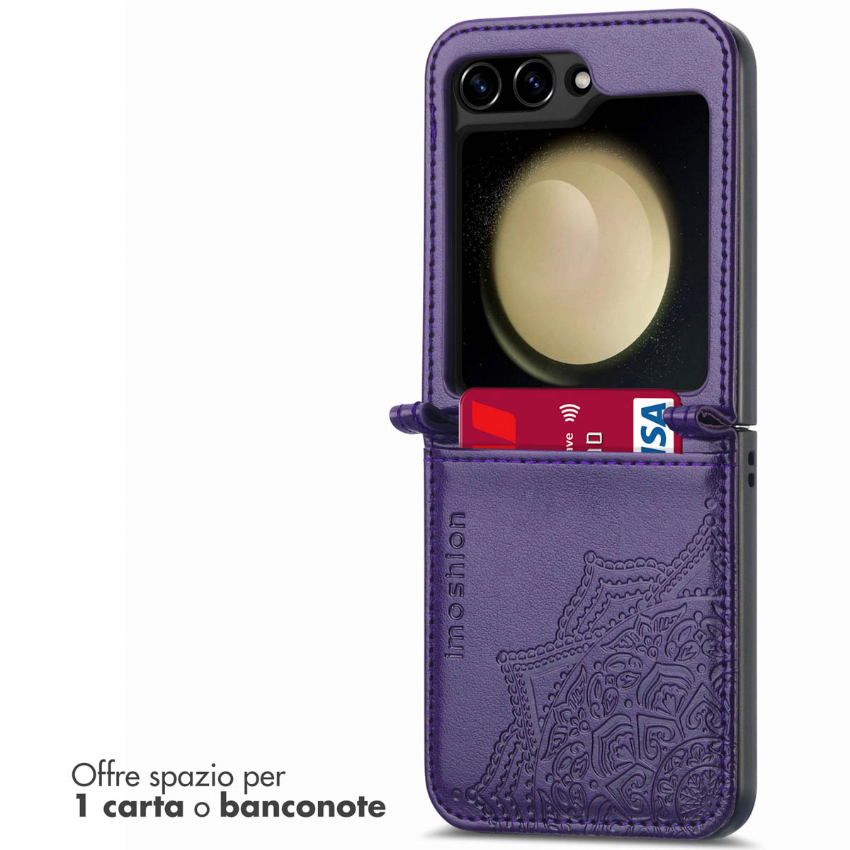 Étui violet pour téléphone avec fente pour carte et détail de mandala.