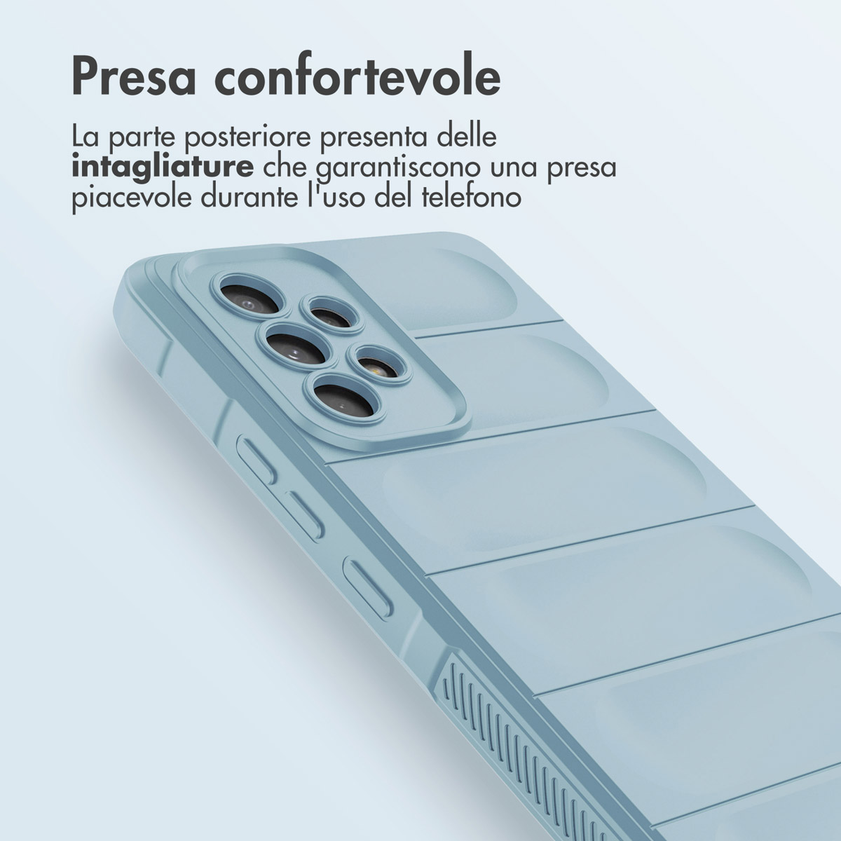 Coque de téléphone bleu clair avec grip texturé. Vue rapprochée.